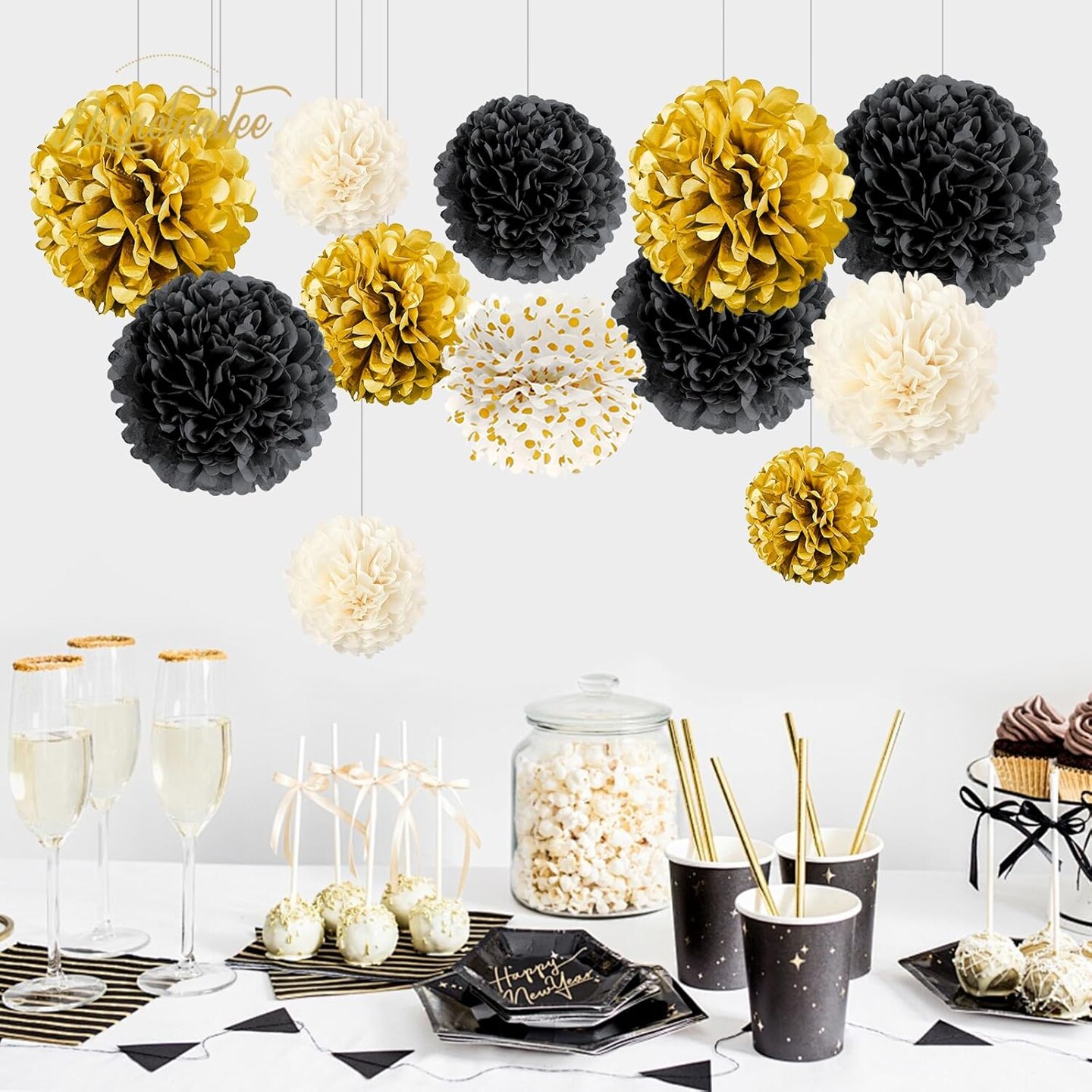 Black Gold Party Decorations - 12 PCS Black Gold White Tissue Paper Pom Poms for Wedding, Birthday, Bridal Shower, Prom, Graduation, Festival Decorations, 2025 New Years Decor