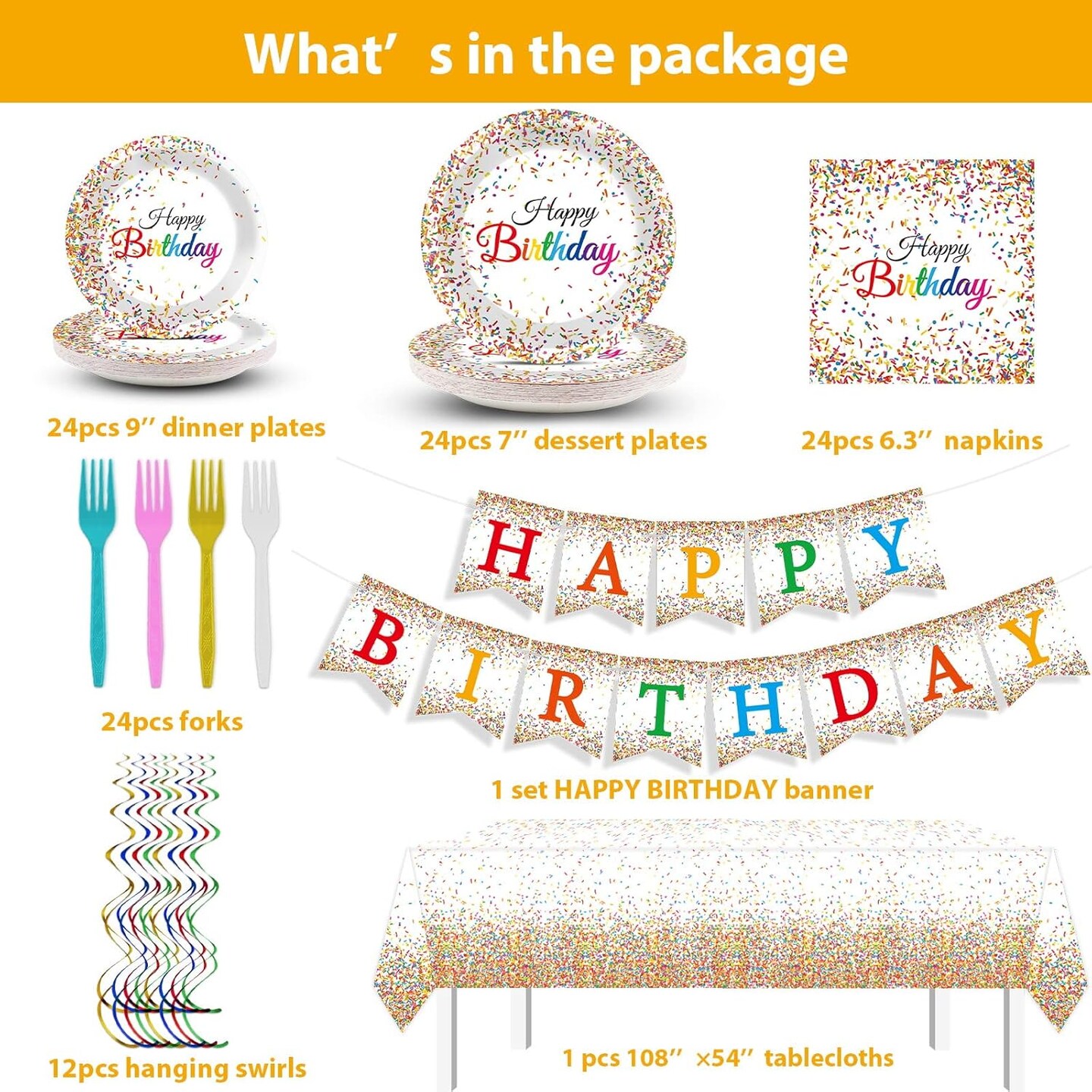 111PCS Confetti Sprinkle Birthday Party Supplies Confetti Sprinkle Tableware Set Sprinkles Plates Banner Sprinkle Theme Napkins Forks Hanging Swirls for Kids Baby Shower Birthday Decoration Favors