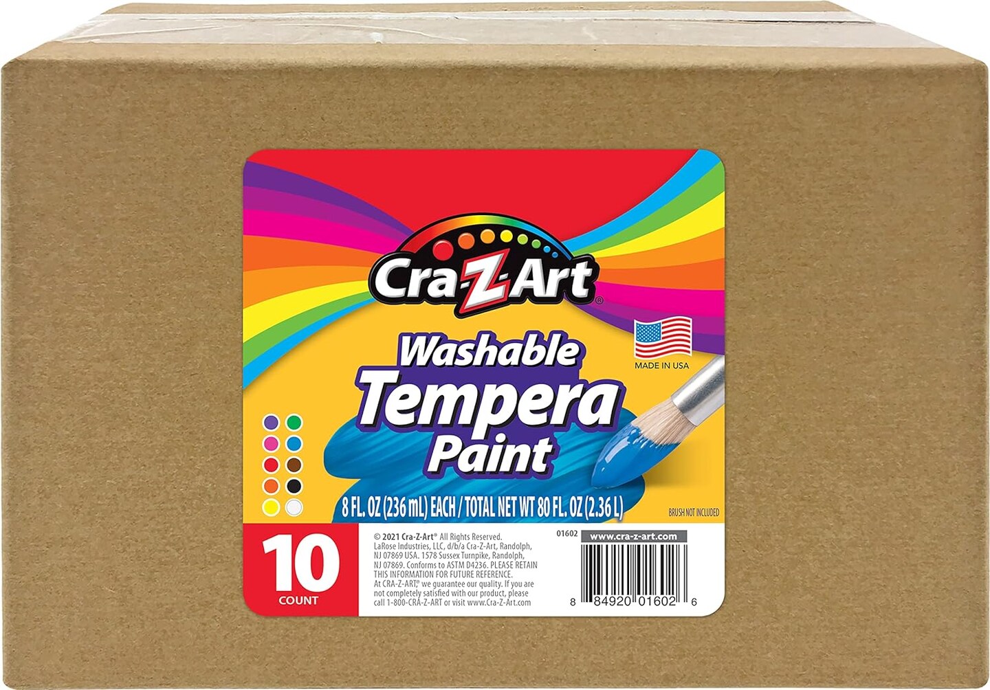 Washable Tempera Paint Bulk Pack 10ct, Assorted Colors 8oz each bottle