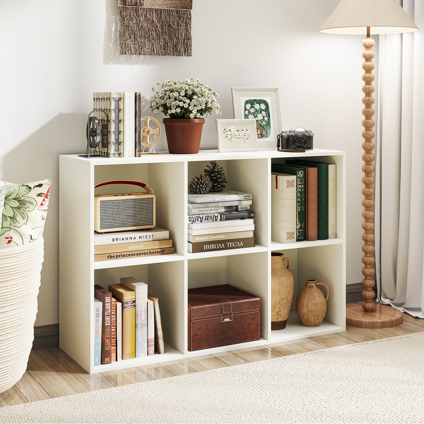 White 6-Cube Storage Organizer Shelf Engineered Wood Bookcase for Living Room or Bedroom