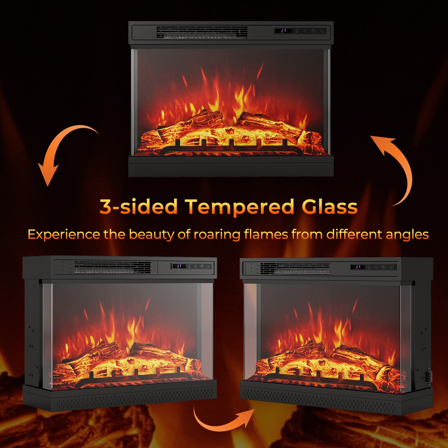 Black 24 Inches 3-Sided Glass Electric Fireplace Heater with Remote Control