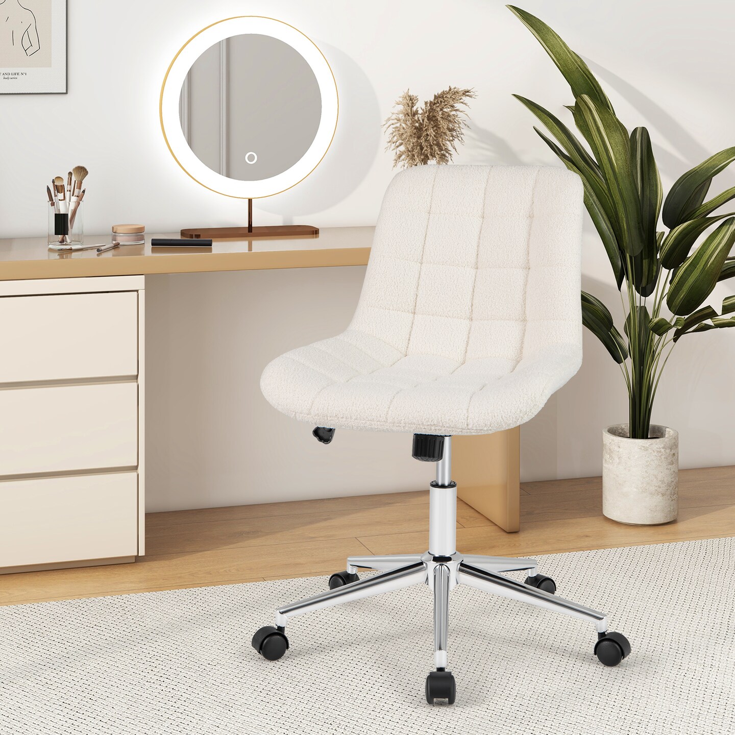 White Teddy Fleece Armless Office Chair with 5 Smooth Rolling Wheels and Metal Base