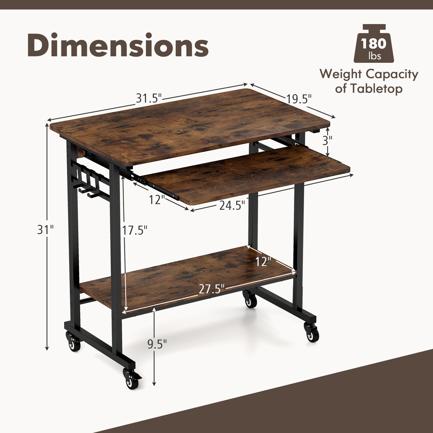 Rustic Brown Mobile Computer Desk with Keyboard Tray Shelf and Hooks Rolling Workstation