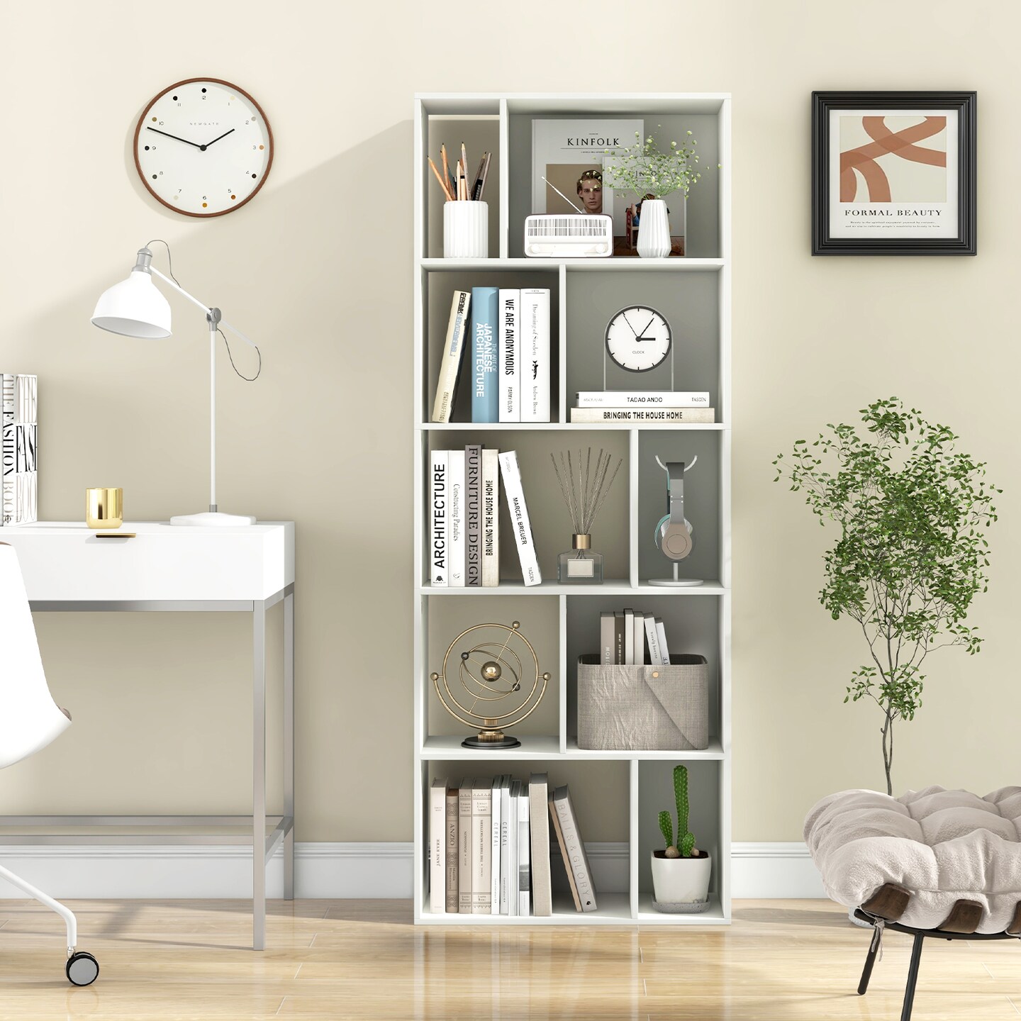 63 Inch White Tall 5-Tier 10-Cube Geometric Bookshelf Perfect for Living Room, Study or Office