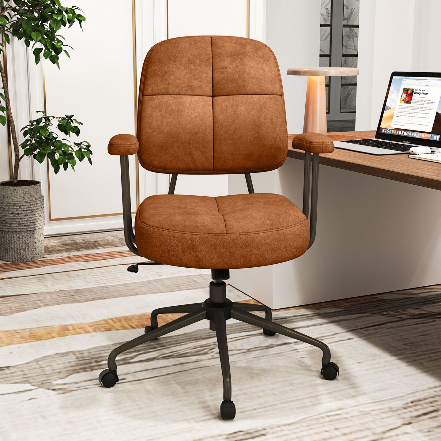 Height Adjustable Upholstered Office Chair with Cushioned Back and 5-Rolling Casters