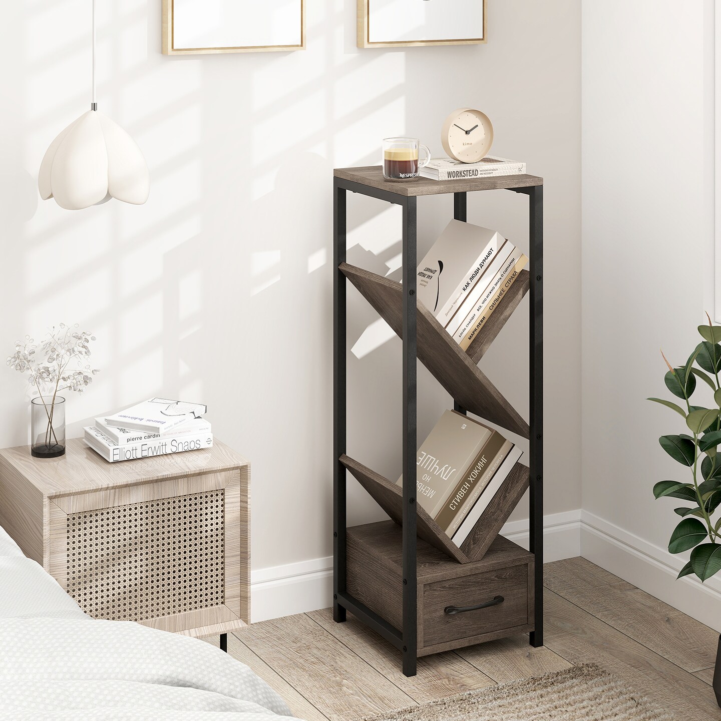 Grey 4 Tier Floor Tree Bookshelf with Drawer and Metal Frame Perfect for Any Room