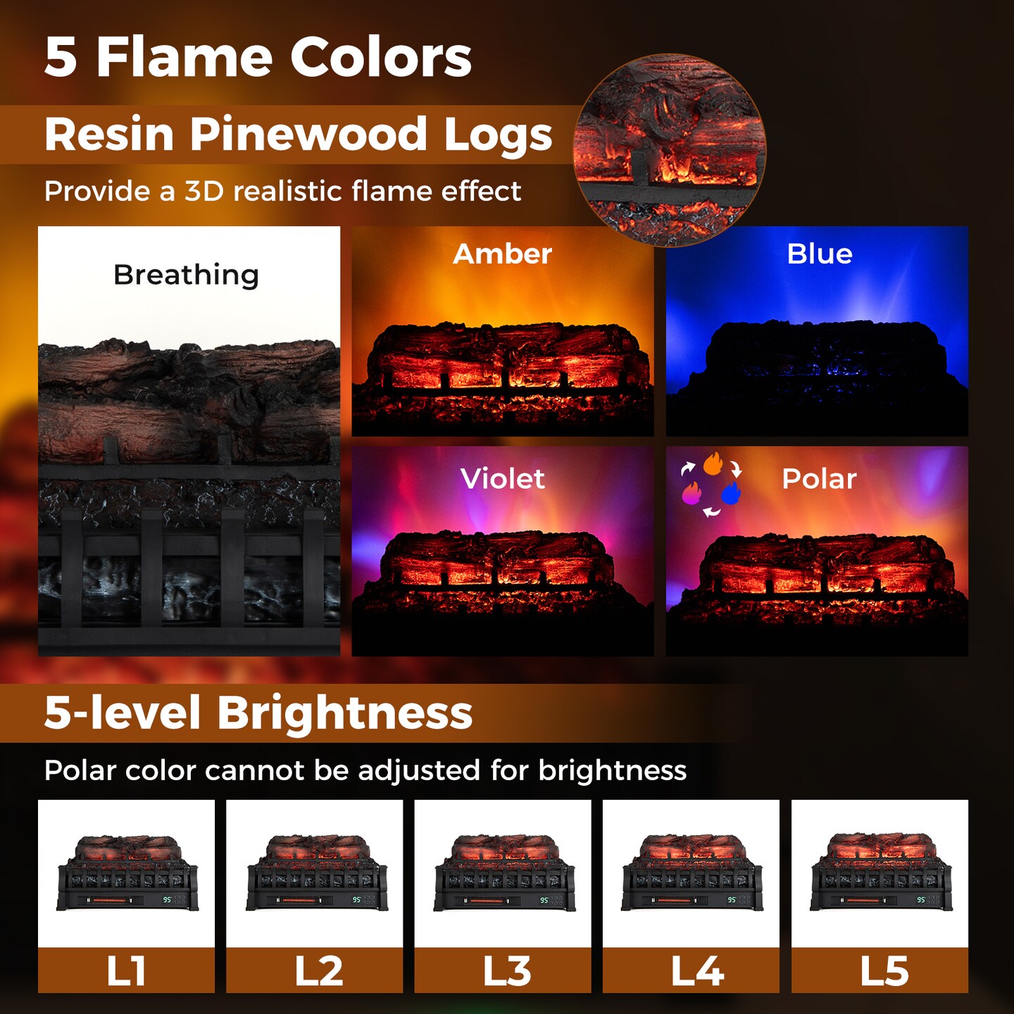 23 Inch Black Infrared Quartz Electric Fireplace Pinewood Log Heater with Adjustable Flame