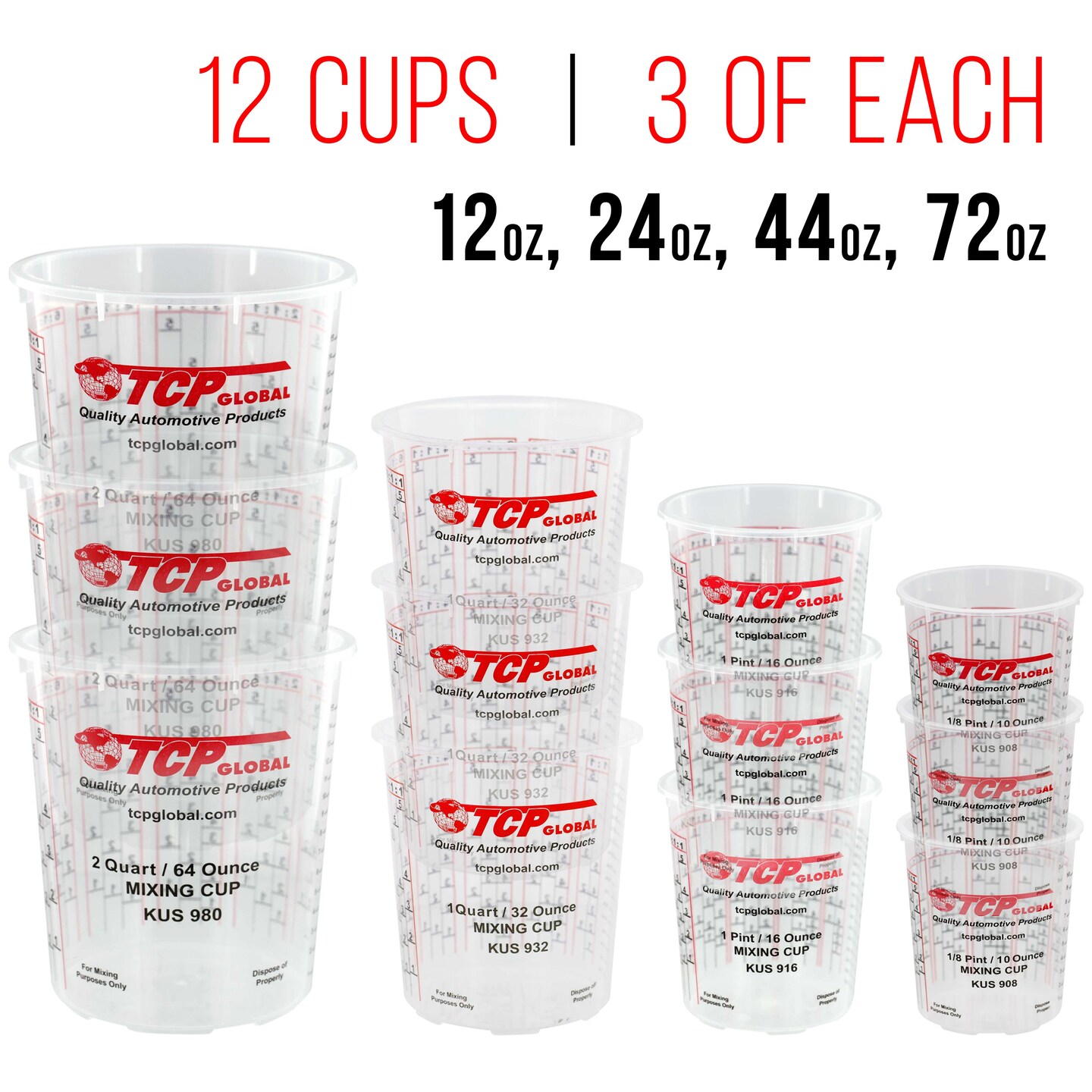 Pouring Masters Paint Mixing Cup Kit - 12 Plastic Paint Cups (3 of Each Size 12, 24, 44, 72 Ounce), Sticks, Strainers, Tack Cloths, Mixer Blade & Can Opener - Epoxy Resin Mixing Cups for Measuring