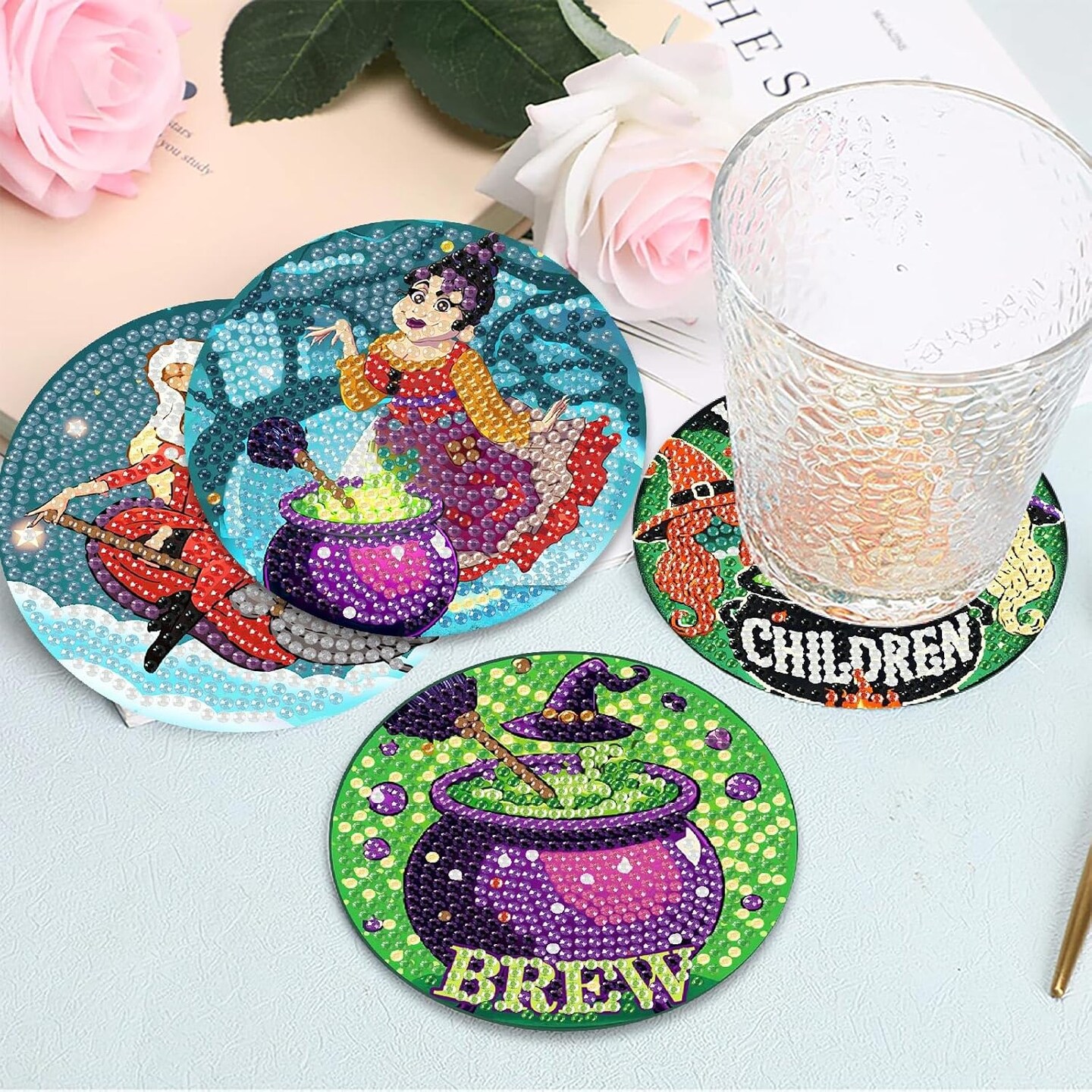 6 Pcs Diamond Paintings Coasters Kits with Holder, DIY Halloween Coaster Diamond Art Kits(0.1 x 0.1 x 0.1 inches)