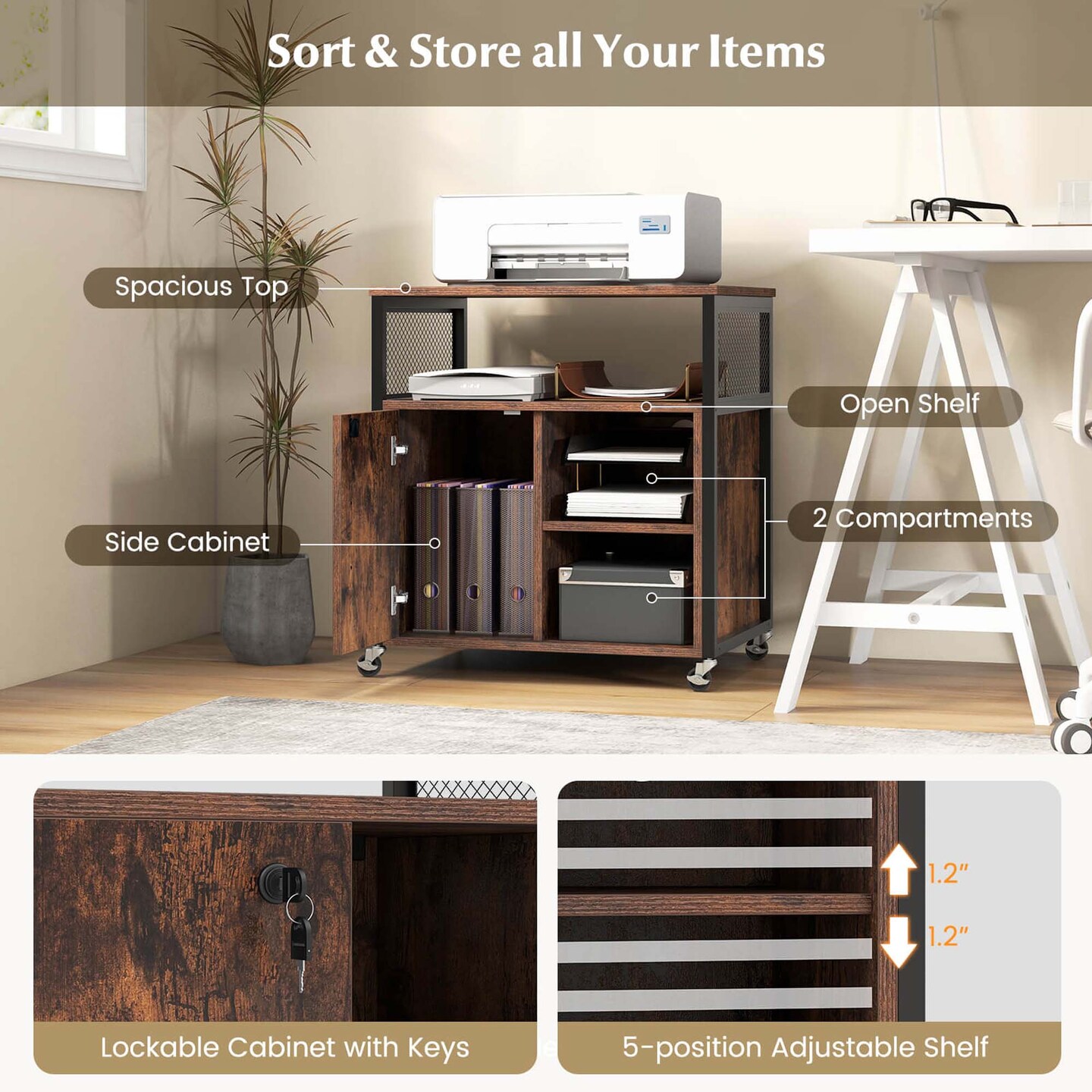Costway File Cabinet on Wheels with Charging Station & Cable Management Hole Shelves Brown/Grey