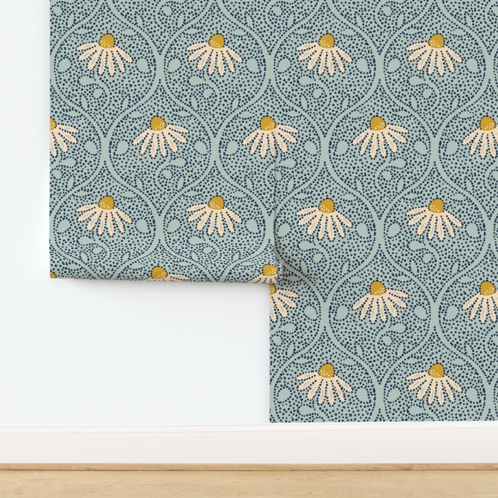 Cottagecore Botanical Blue Flowers Dots Meadow Coneflower Large Scale Cottage Floral Spring Summer Pow Wow Echinacea Garden White Yellow Custom Removable Wallpaper by Spoonflower Peel & Stick Wallpaper 2FT Wide