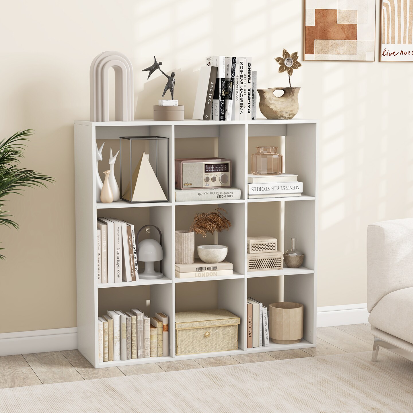 White 9 Storage Cube Bookshelf with Back Guardrail for Living Room or Bedroom