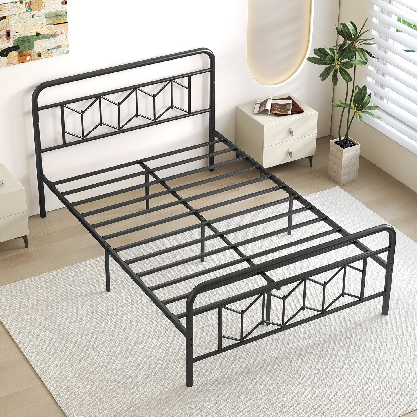 Platform Bed with High Headboard and Snap Lock Metal Slats