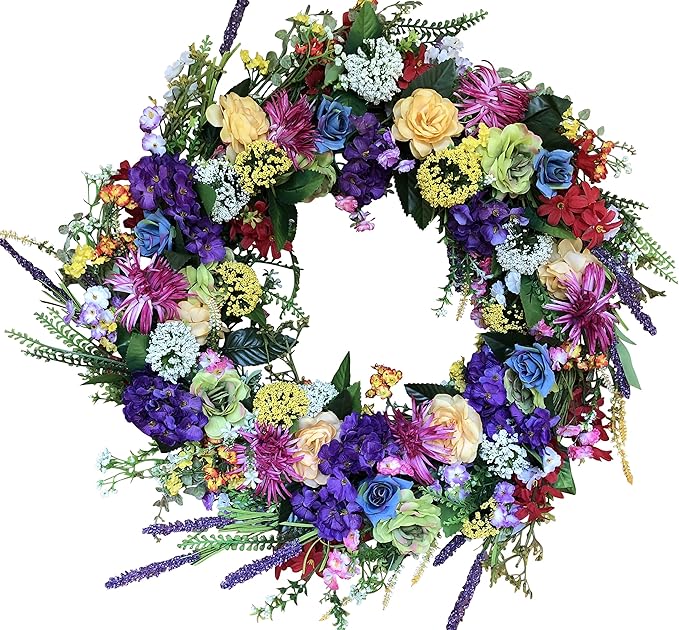 Spring Front Door Wreath 22 Inch, Gorgeous Faux Spring Flower Wreath, White Storage Gift Box Included