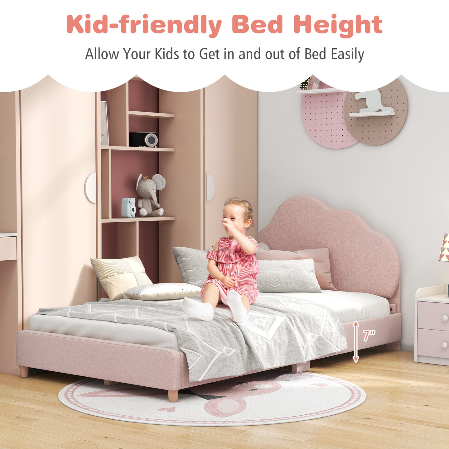 Velvet Kids Twin Bed with Adjustable Headboard Sturdy Wooden Frame and Soft Upholstery