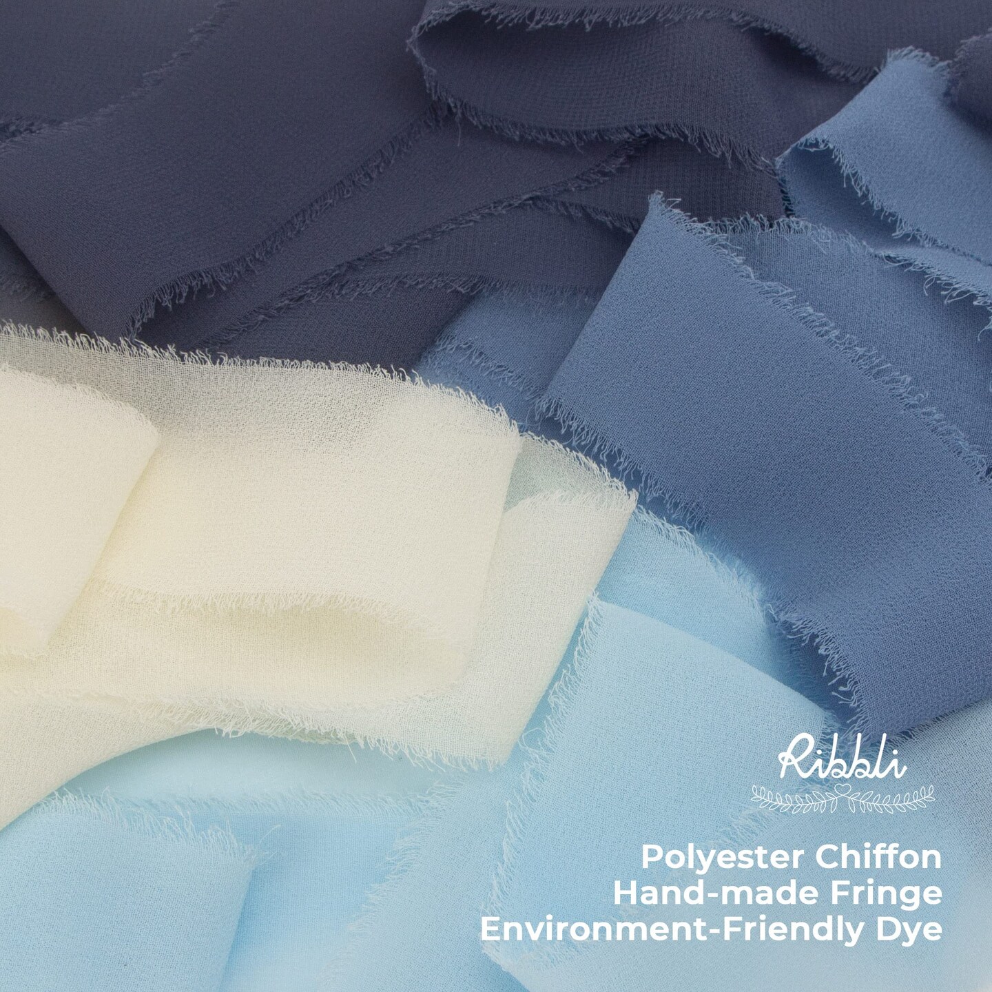 4 Rolls Dusty Blue Chiffon Ribbon Set,Handmade Fringe Silk Ribbon Gauze,1.5 in x 5Yd Each,Ivory/Pastel Blue/Dusty Blue/Dark Blue Ribbon for Wedding Invitations, Bridal Bouquets Wrapping