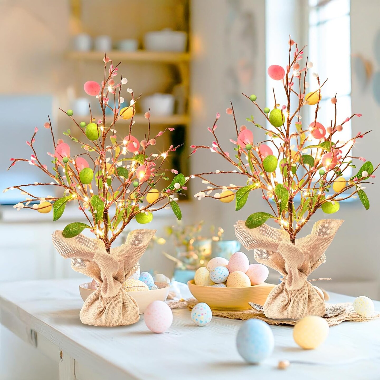 Easter Decorations, 2 Pack Easter Tree with Eggs Artificial Battery Powered Tabletop Centerpiece Lighted Artificial Tree for Holiday Party Spring Home Decor