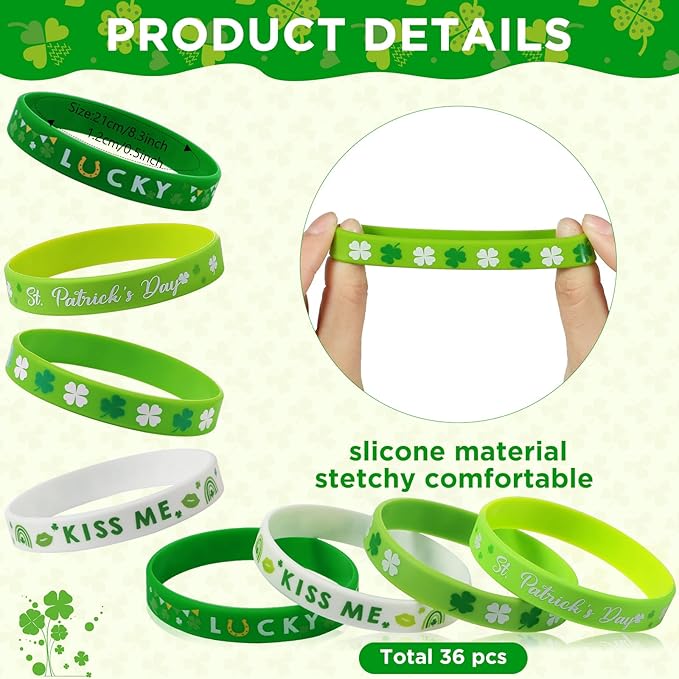 72 Pieces St. Patrick&#x27;s Day Party Favors Including Green Shamrock Bracelet Lucky Rubber Wristbands Irish Clover Badges Bulk for Saint Patrick&#x27;s Day Accessories Set Birthday Party Supplies Decor
