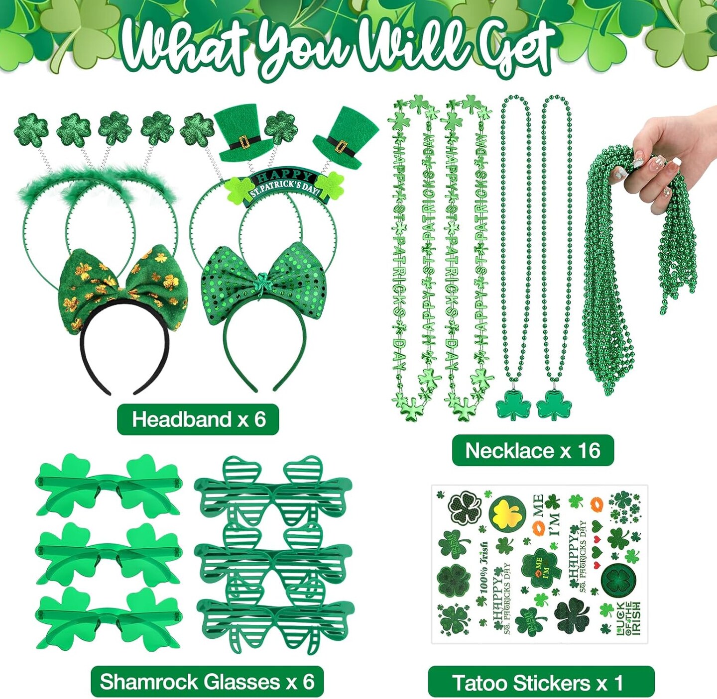 29Pack St Patricks Party Favors of 16pcs Shamrock Beads Necklace Bulk, 6pcs Clover Eyewear Sunglasses, 6pcs Green Hats Headband, 1pc St. Patrick&#x27;s Day Stickers Party Dressing-up Costume Accessories