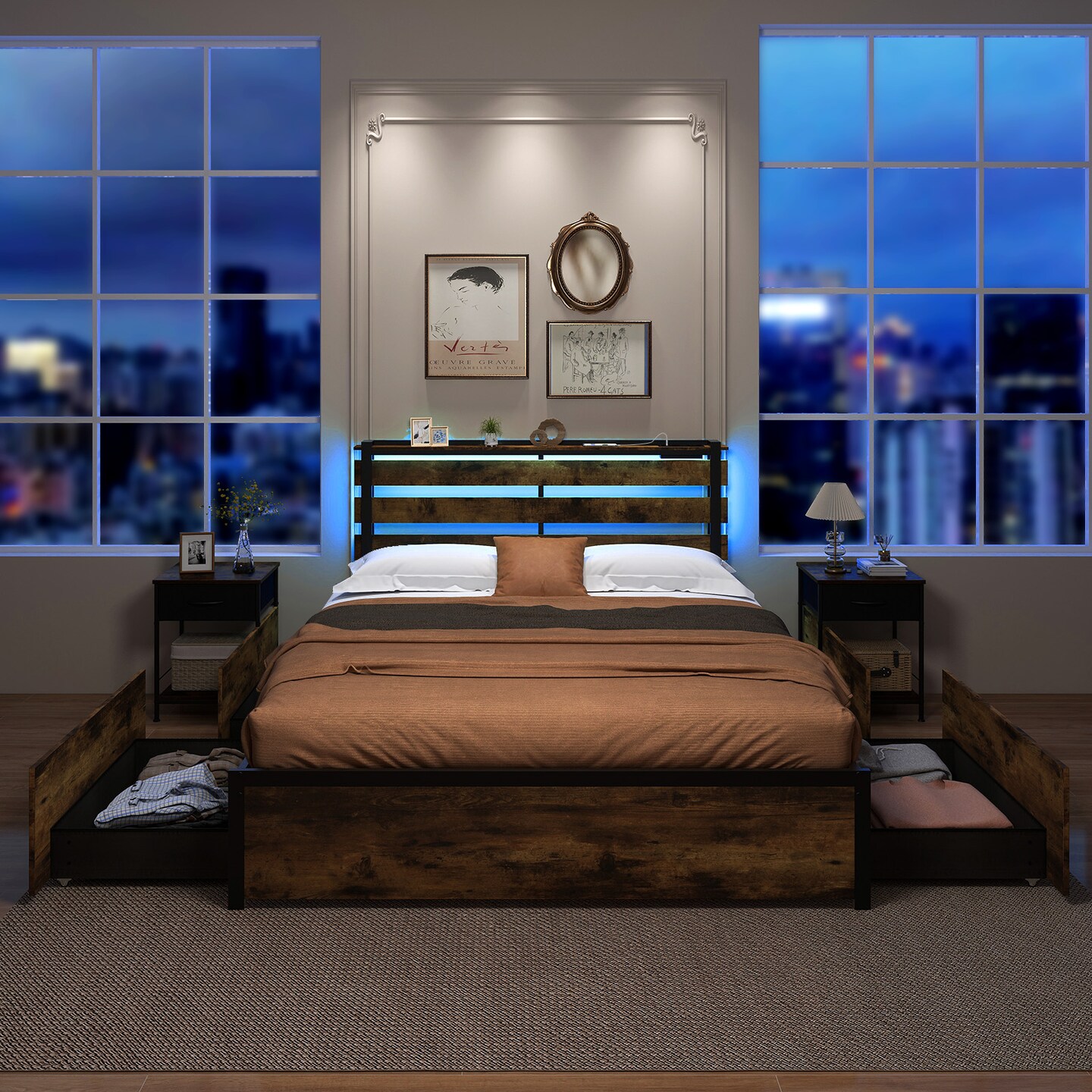 Rustic Brown Platform Bed Metal Frame with Drawers LED Lights and USB Ports