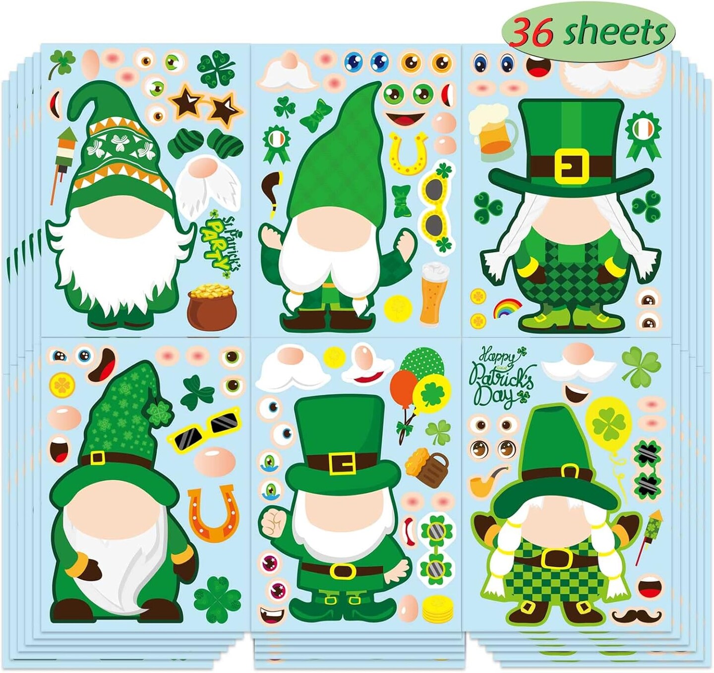 36 Sheets St Patrick&#x27;s Day Stickers Make a face Sticker for Kids
