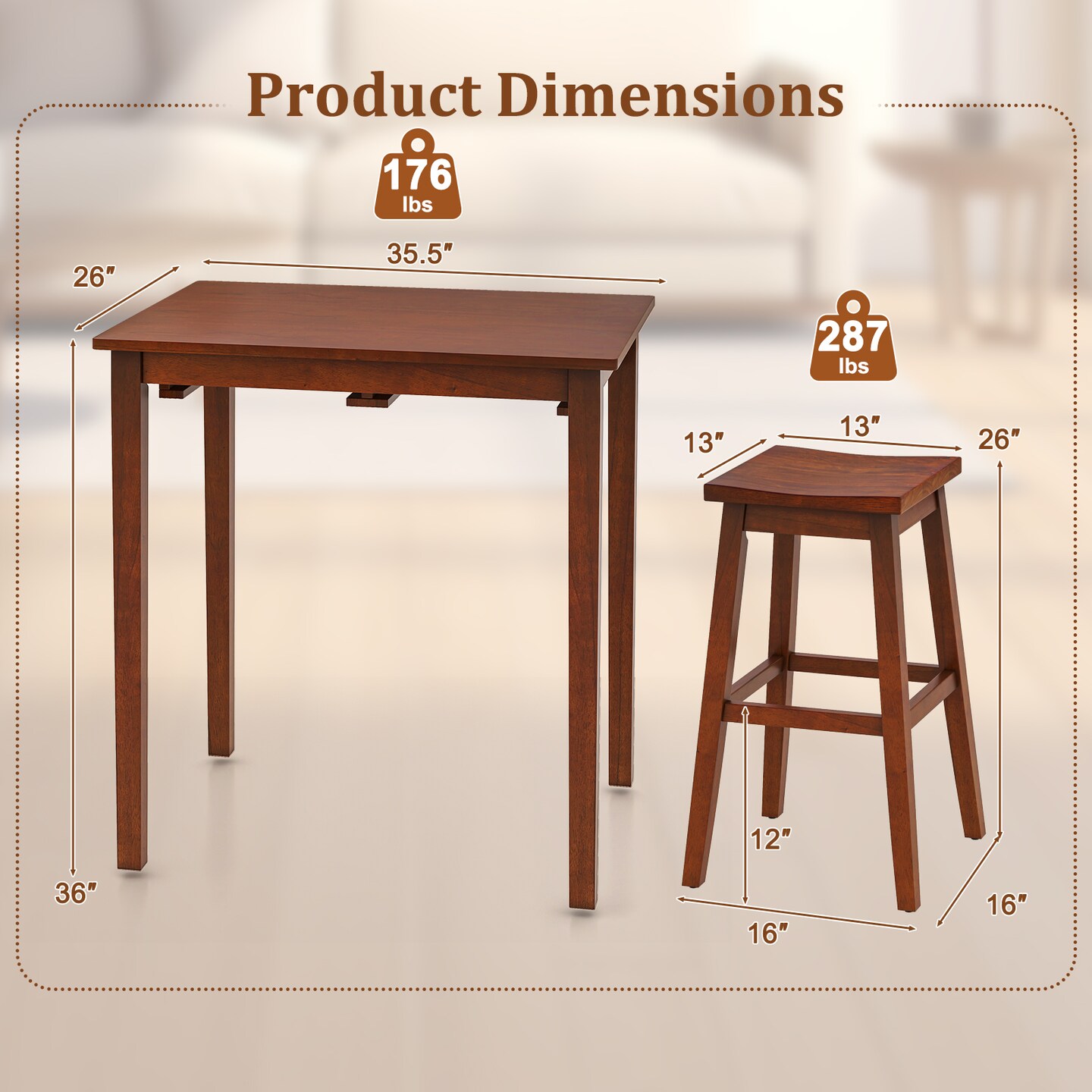 3-Piece Bar Table Set with Pub Table and 2 Saddle Stools-Brown