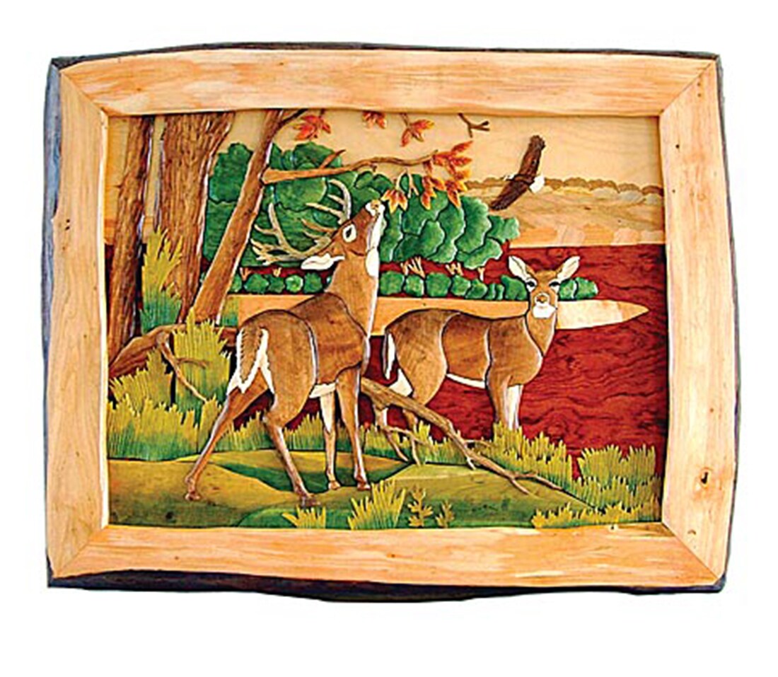Deer Hand Crafted Intarsia Wood Art Wall Hanging 28 X 24 X 2 Inches