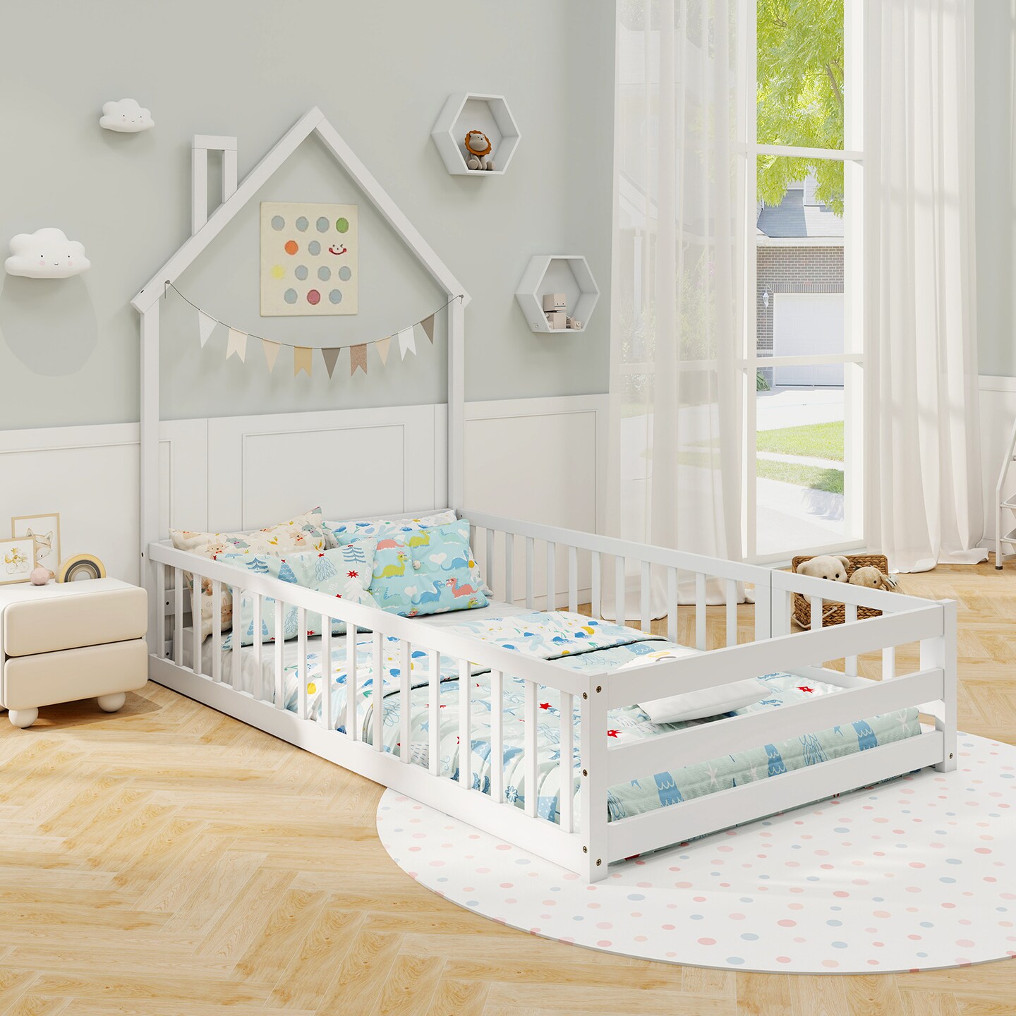 Wooden Twin Size Montessori Floor Bed with Lockable Door Guardrails and House Shape Design