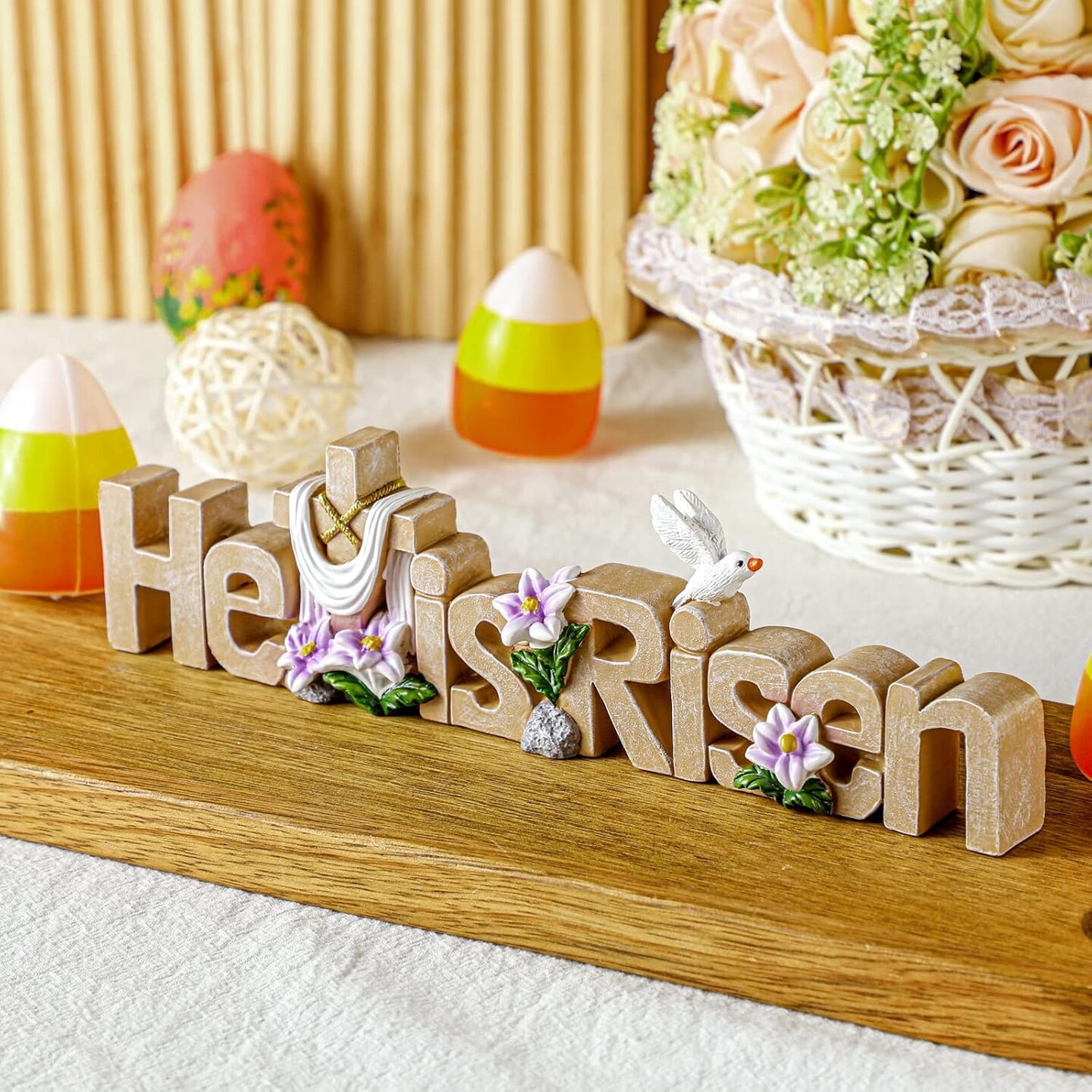 He is Risen Table Top Decoration Easter Resin Table Sign Cross Dove Flowers Easter Table Decor Easter Centerpieces for Table Top Easter Decorations for Home Dining Room Spring (Natural)