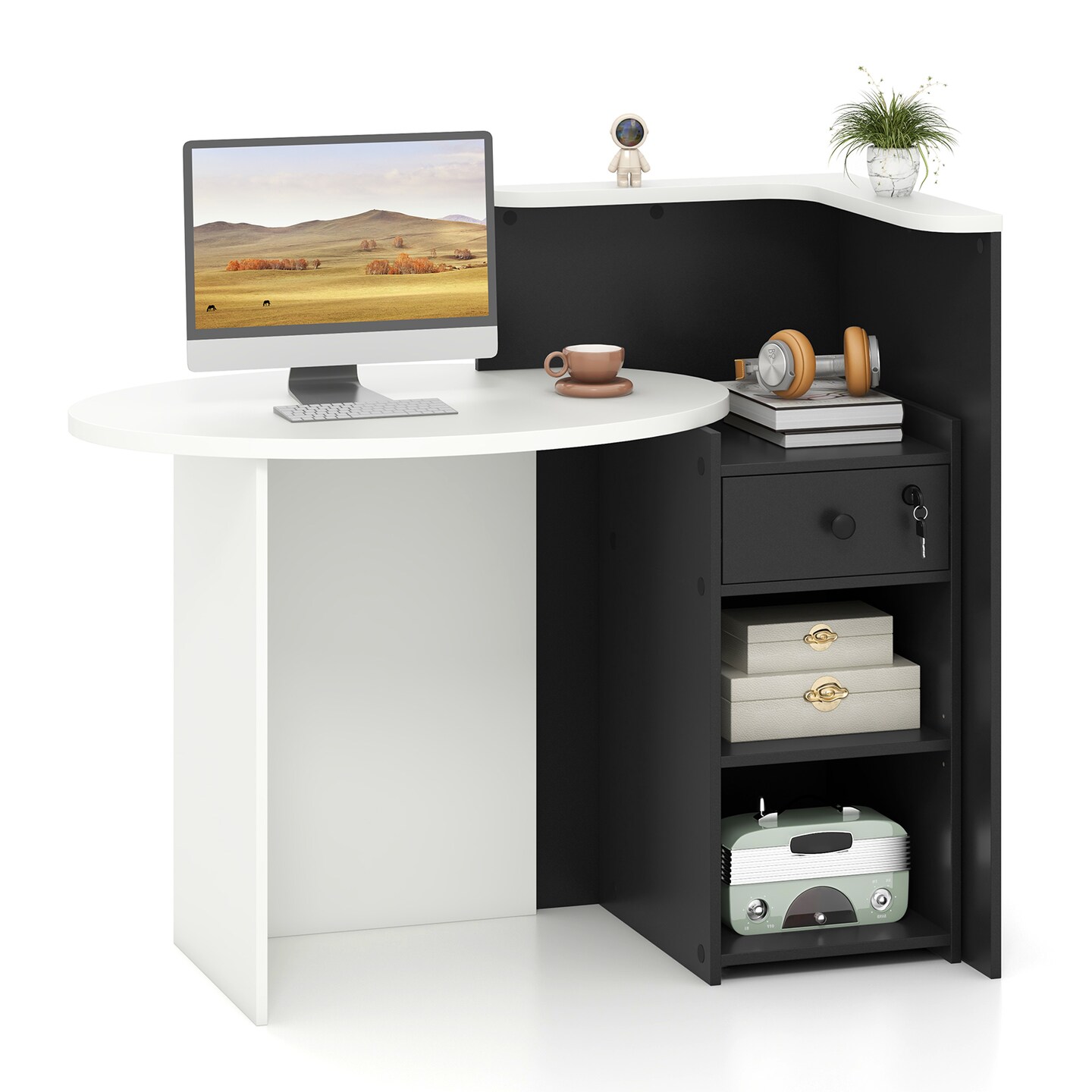 Black-White Front Reception Office Desk with Open Shelf and Drawer