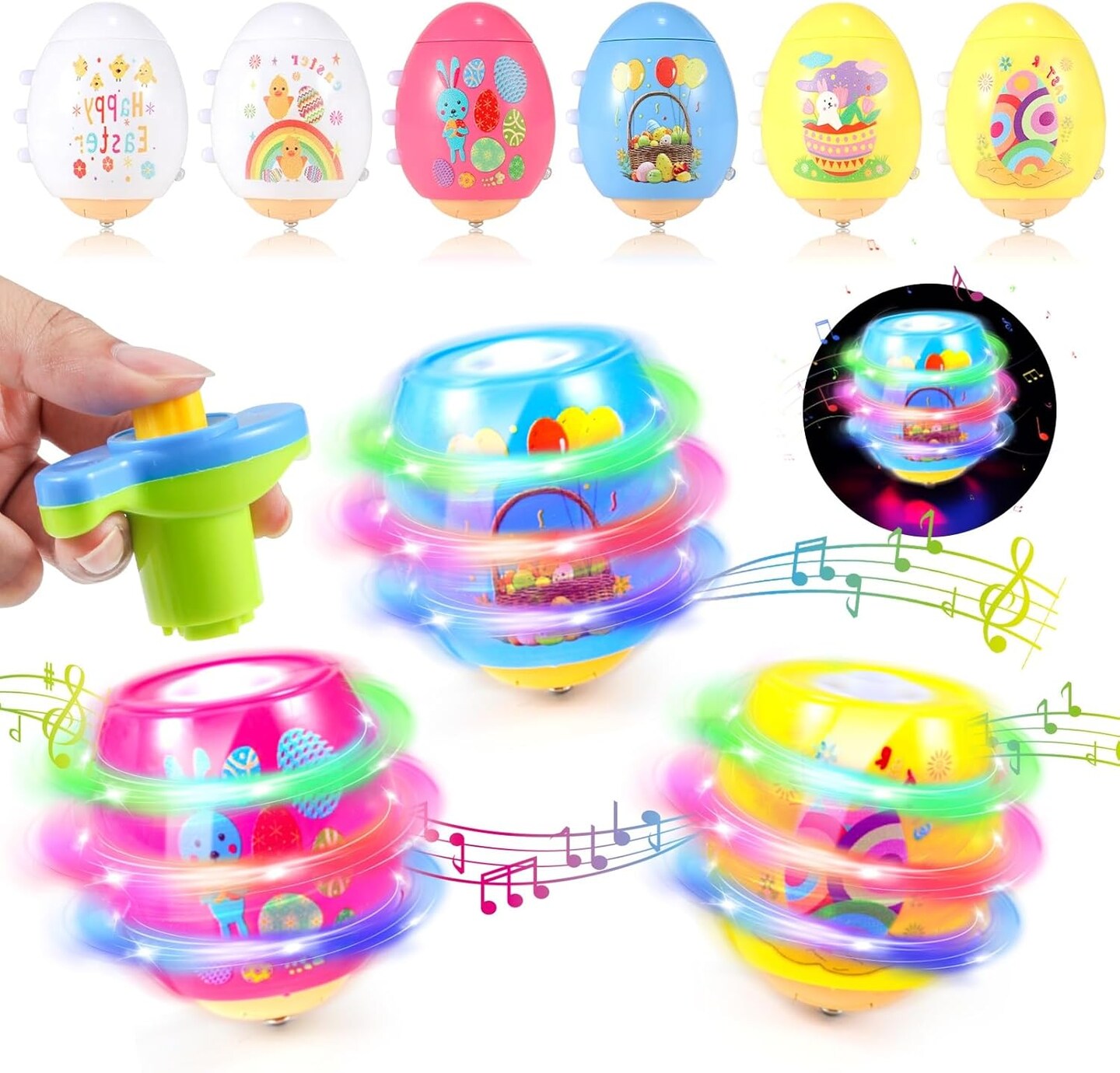 Light Up Easter Eggs Toy Gifts for Kids, 6 Cute Easter Egg Spinning Tops with Flash &#x26; Music