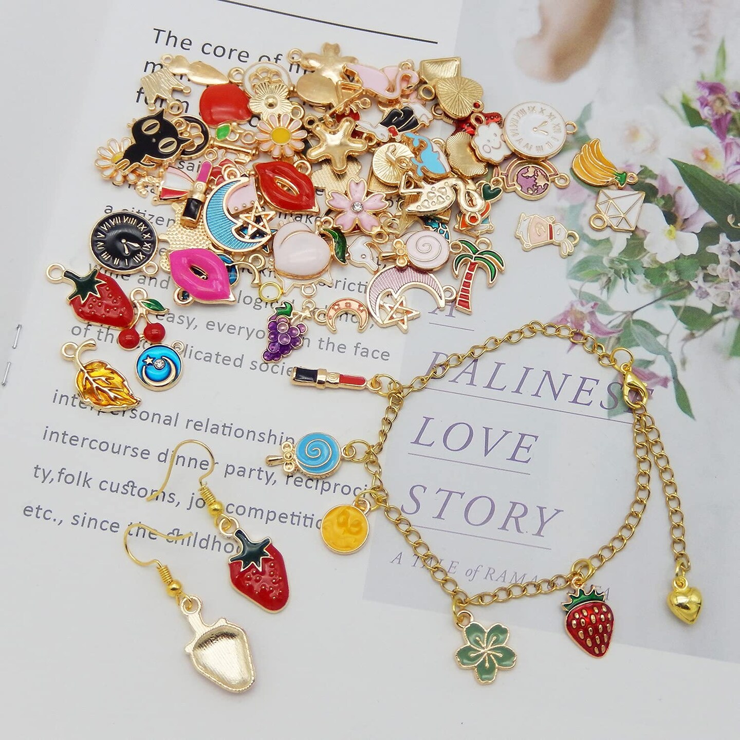 60pcs(30PAIRS) Assorted Gold Plated Enamel Moon Star Animals Dainty Dangle Fruit Flowers Pendants Charms for Earrings Jewelry Making Necklace Bracelet