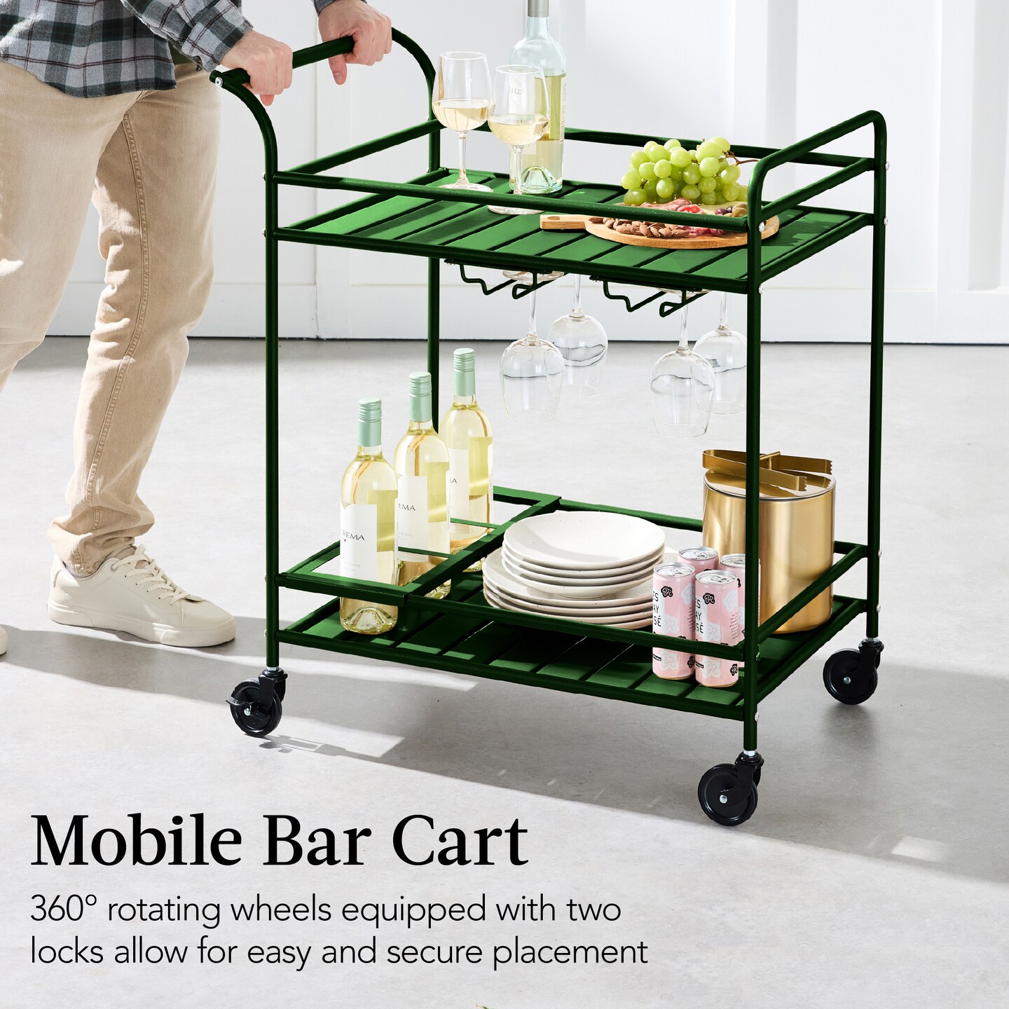 Best Choice Products 2-Tier Rolling Bar Cart Indoor/Outdoor w/ Storage Shelves, Wine Rack, Lockable Wheels