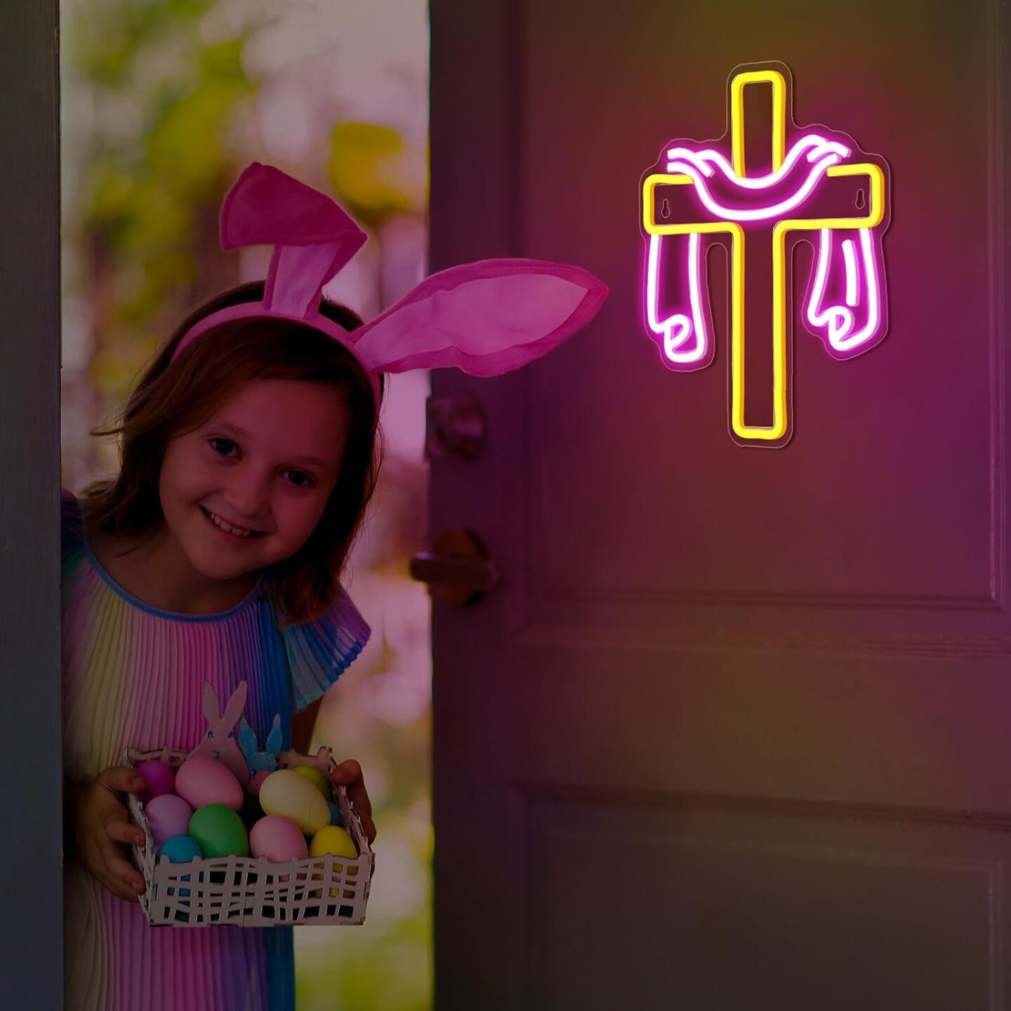 Easter Cross Neon Sign Jesus Neon Lights Signs Religious LED Light Easter Decorations for Wall Decor Christian Neon Sign for Home Bedroom Cafe Office Birthday Gift Supplies, 13.78 x 9.84 Inch