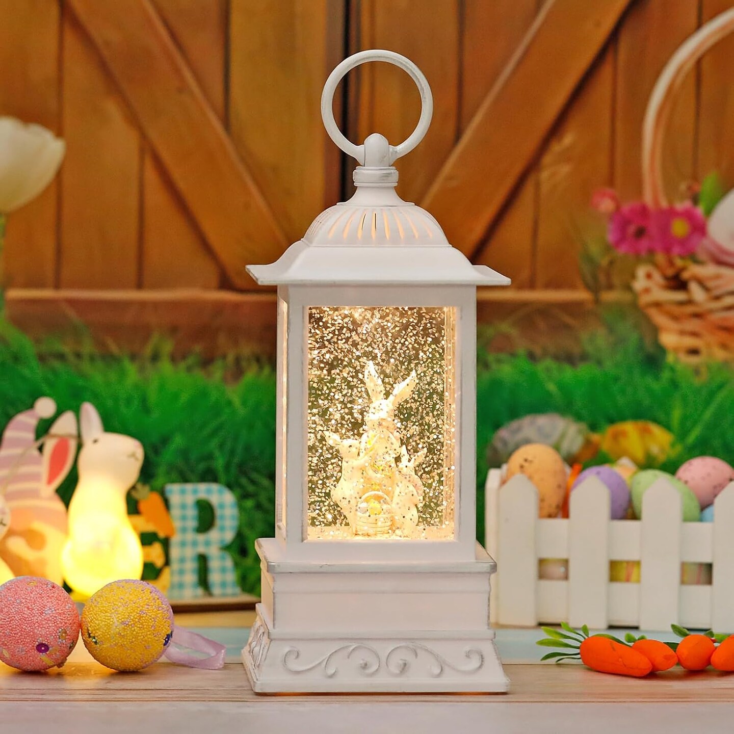 Easter Snow Globe, Easter Decorations for The Home, Easter Bunny Lighted Glitter Lantern, Spring Home Decor Easter Gift
