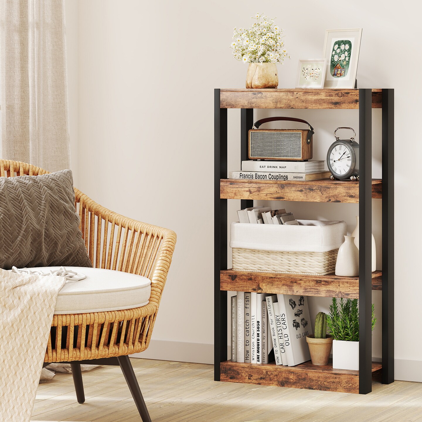 4 Tier Bookshelf Wooden Bookcase with Dual Anti-Tipping Kits Perfect for Living Rooms, Bedrooms Or Studies