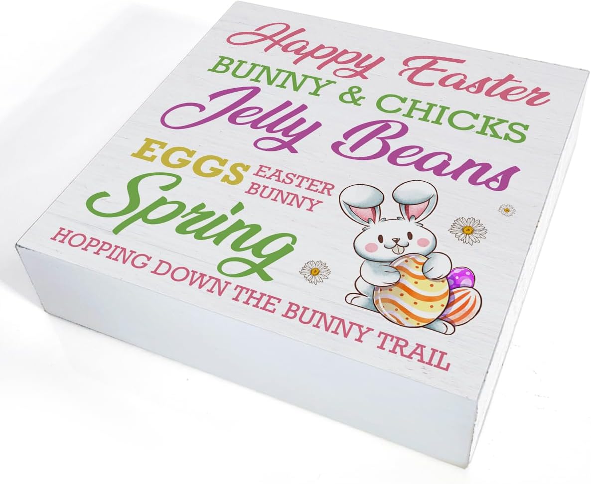 Easter Decor Happy Easter Bunny Wooden Sign, Easter Decorations for the Home, Easter Wooden Plaque Block Sign Rustic Home Kitchen Decor 5 x 5 Inches