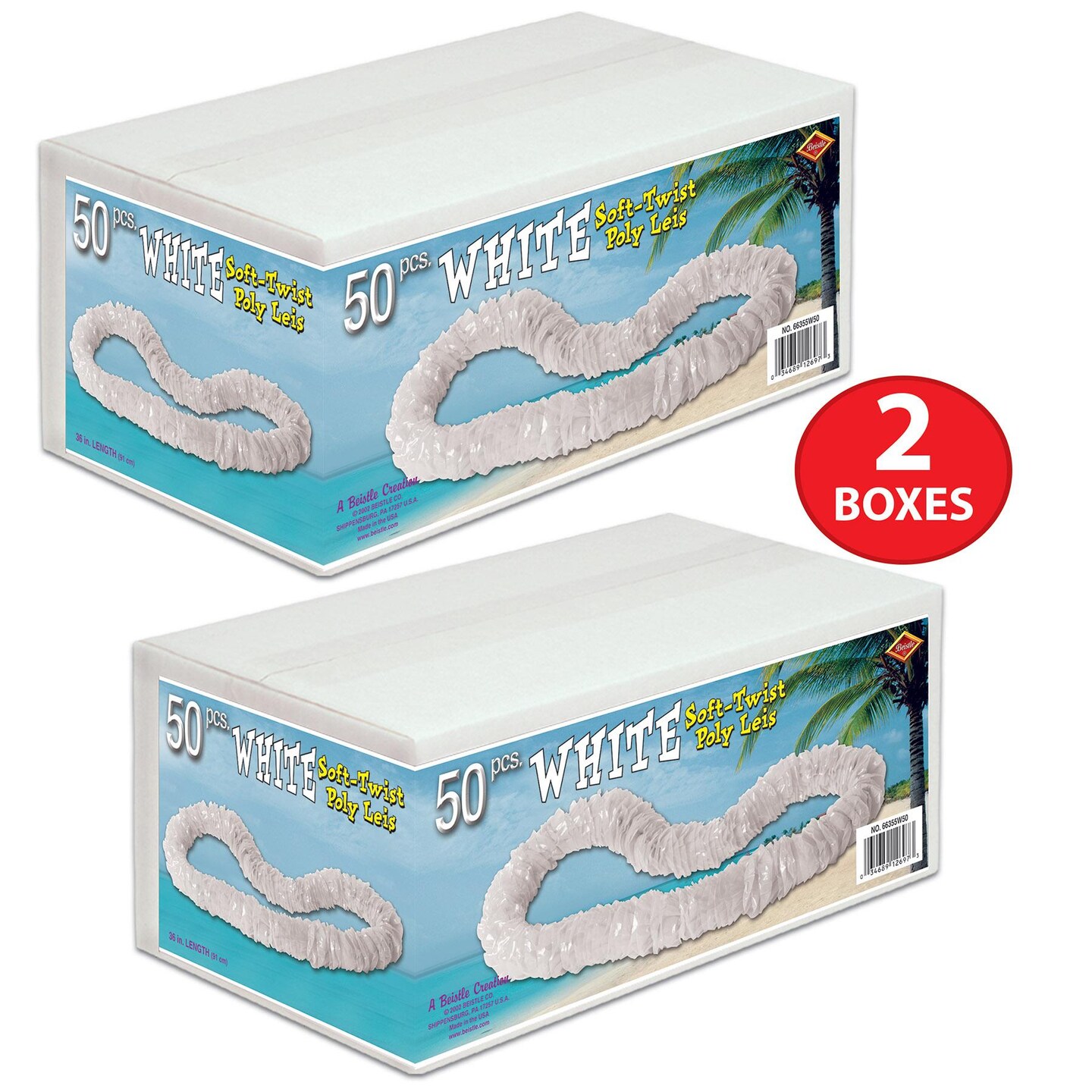 50 Pack Beistle Luau Party White Soft-Twist Poly Leis with Labeled Box