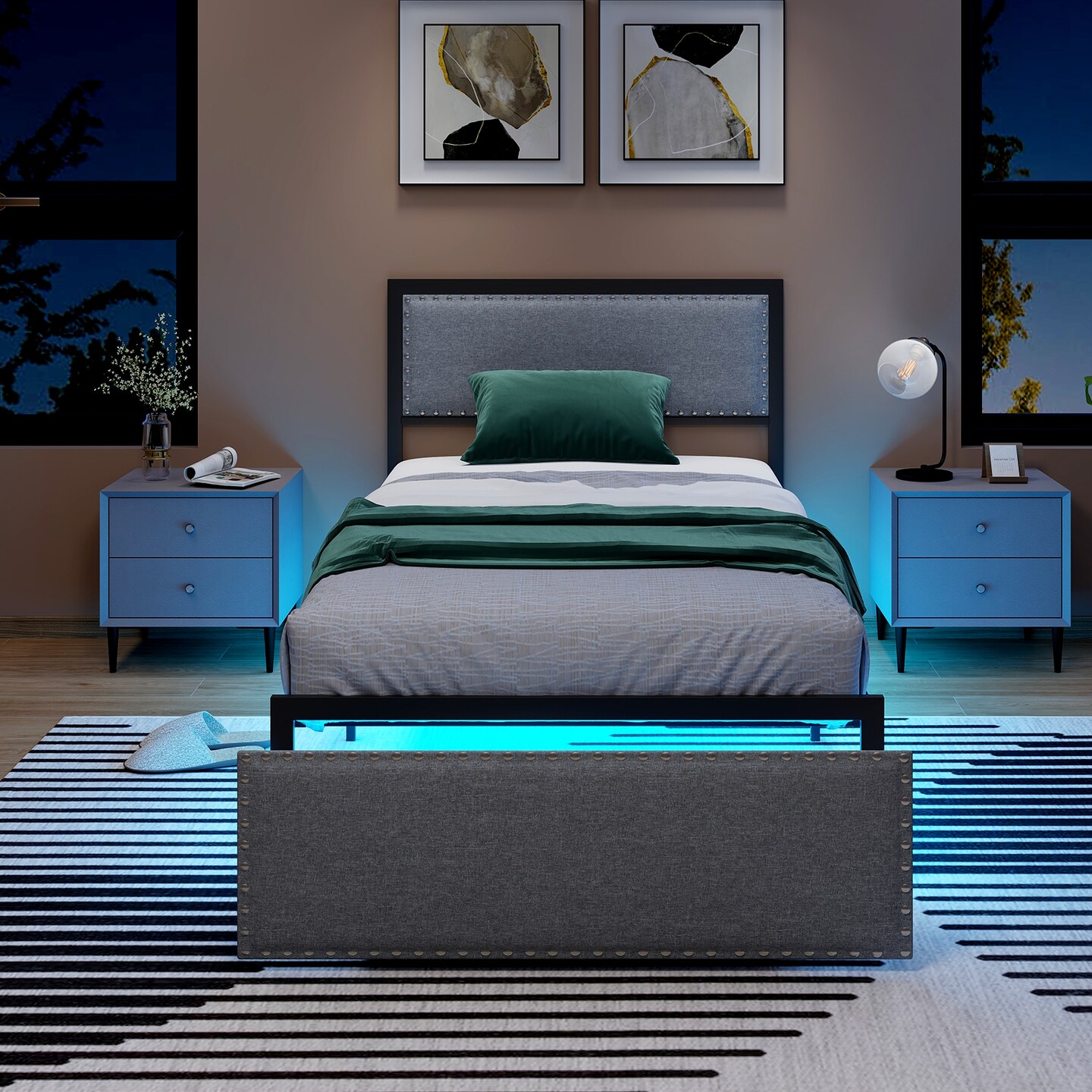 Grey Metal Slats Platform Bed Frame with LED Lights and Drawer