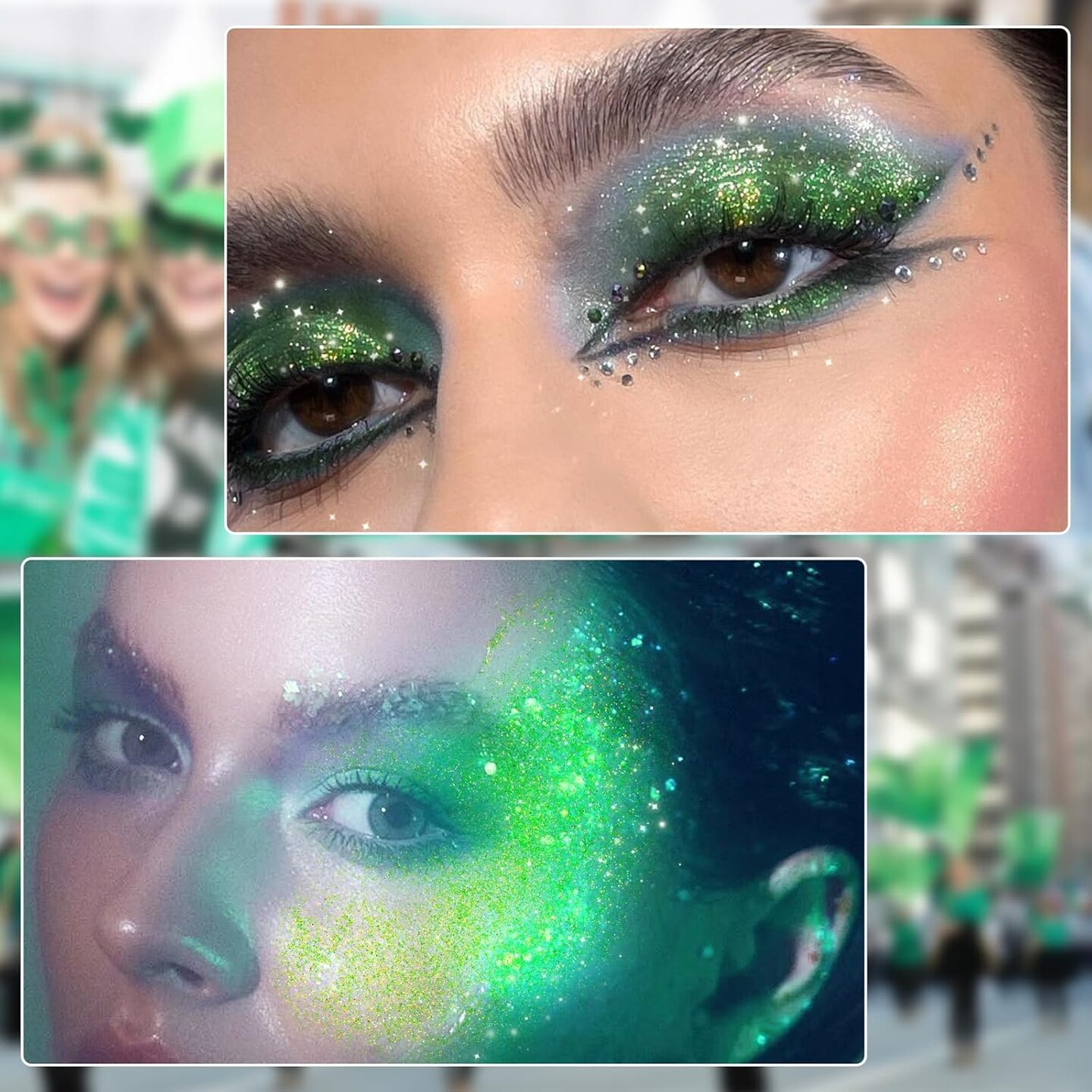 Green Body Glitter Gel, Roll-on Face Glitter for St Patricks Day Festival Rave Accessories, Holographic Hair Glitter Gel,Body Shimmer Mardi Gras Makeup for Rave Party