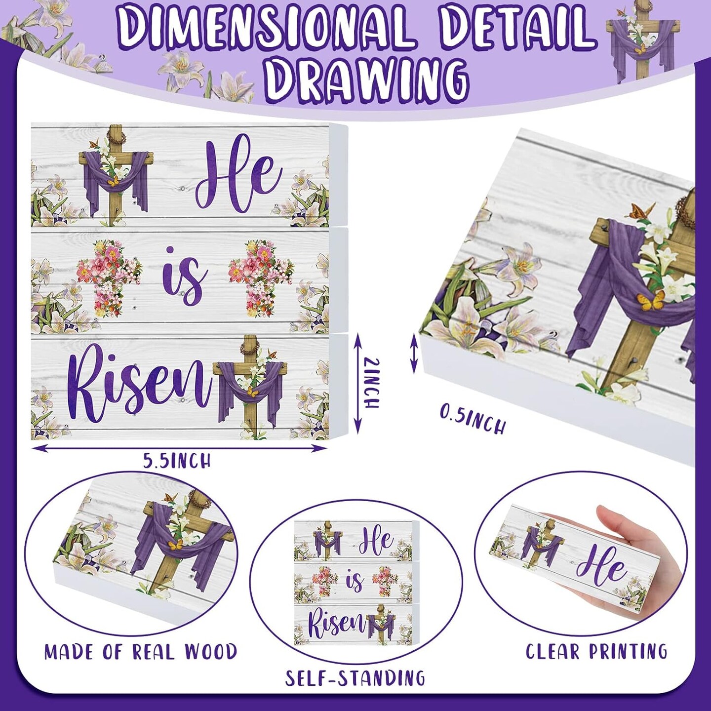 3 Pack Easter Wooden Table Decorations Easter Wood He is Risen Table Sign Sets Floral Cross Easter Tiered Tray Decor Religious Tabletop Centerpieces for Easter Spring Home Office