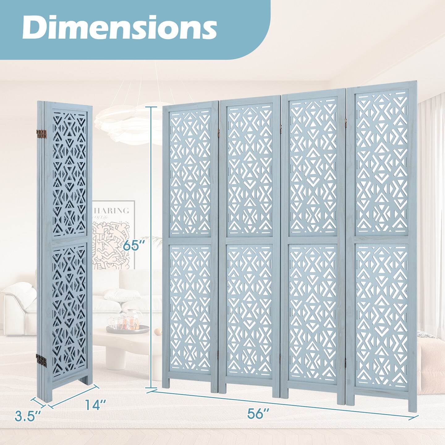 Blue Wooden Room Divider with Carved Cutout Pattern and Solid Wood Frame