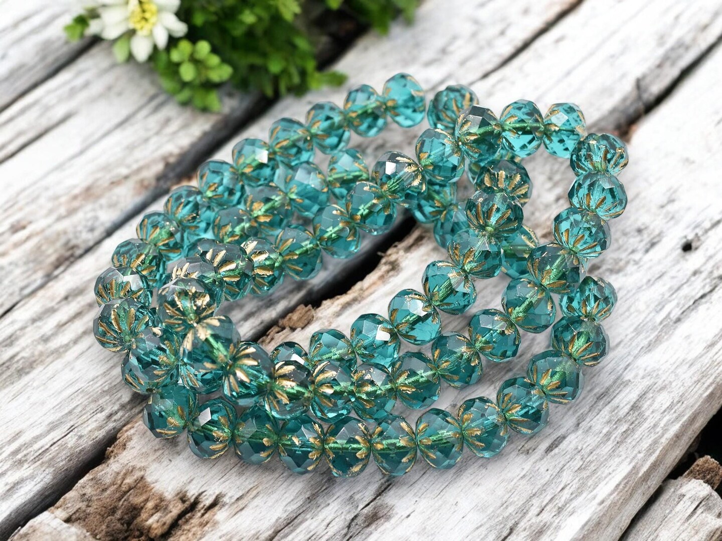 *25* 6x9mm Etched Gold Washed Matte Teal Cruller Rondelle Beads