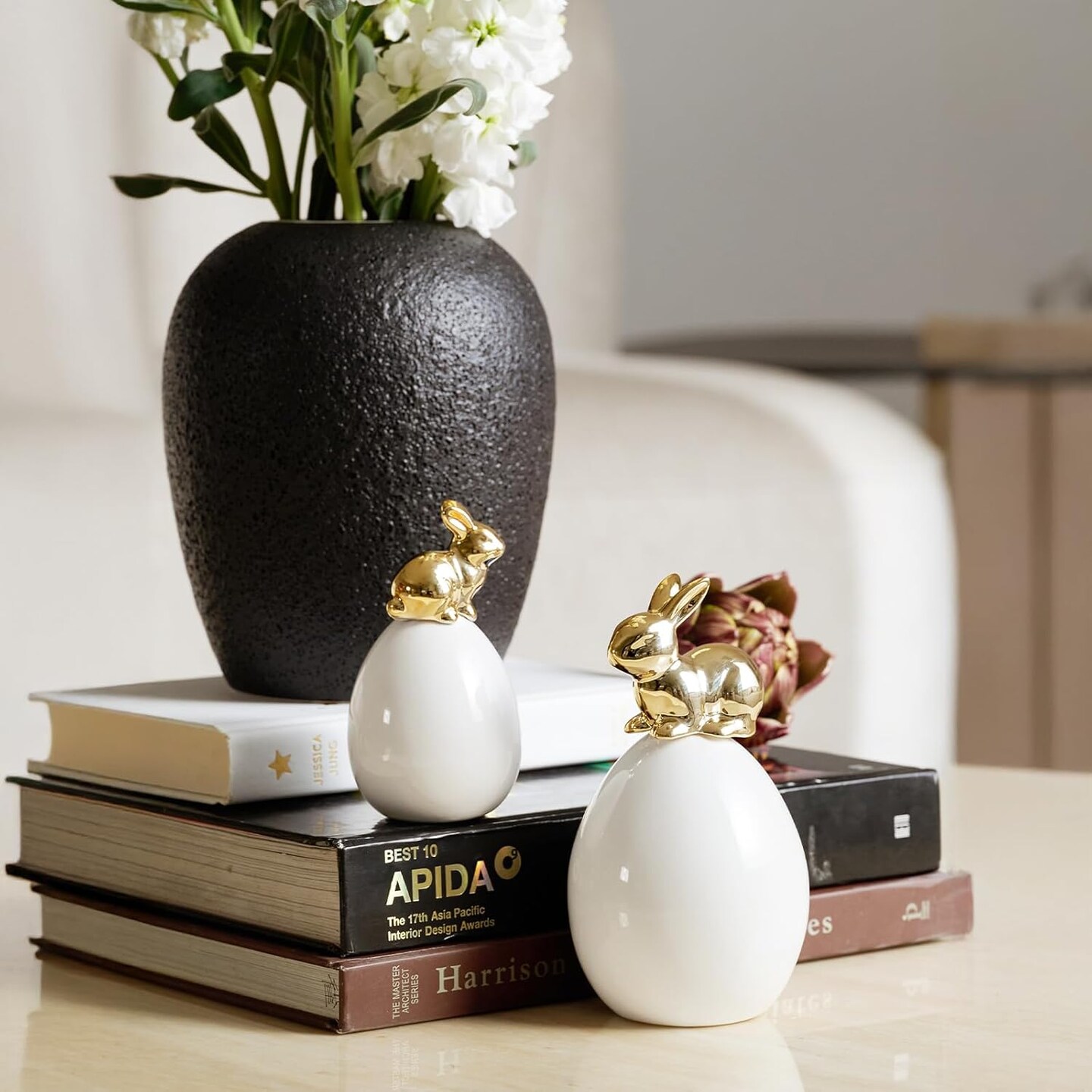 Easter Bunny Decorations, 2 Pcs Cute Gold Rabbit Sit on White Eggs Figurines for Spring Indoor Home Decor, Porcelain Rabbit Statues Table Centerpiece Mantel Tray Decor Gift