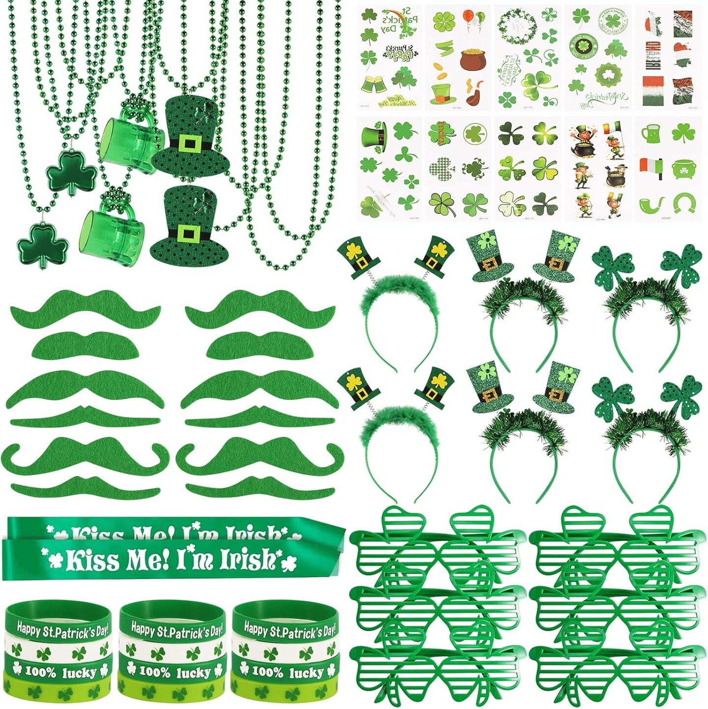 St. Patrick&#x27;s Day Party Favor Set, St. Patrick&#x27;s Day Novelty Jewelry Assortment with Headband Necklace Bracelet Glasses Tattoo Stickers Accessories Kiss Me I&#x27;m Irish Sash for Irish Party D&#xE9;cor