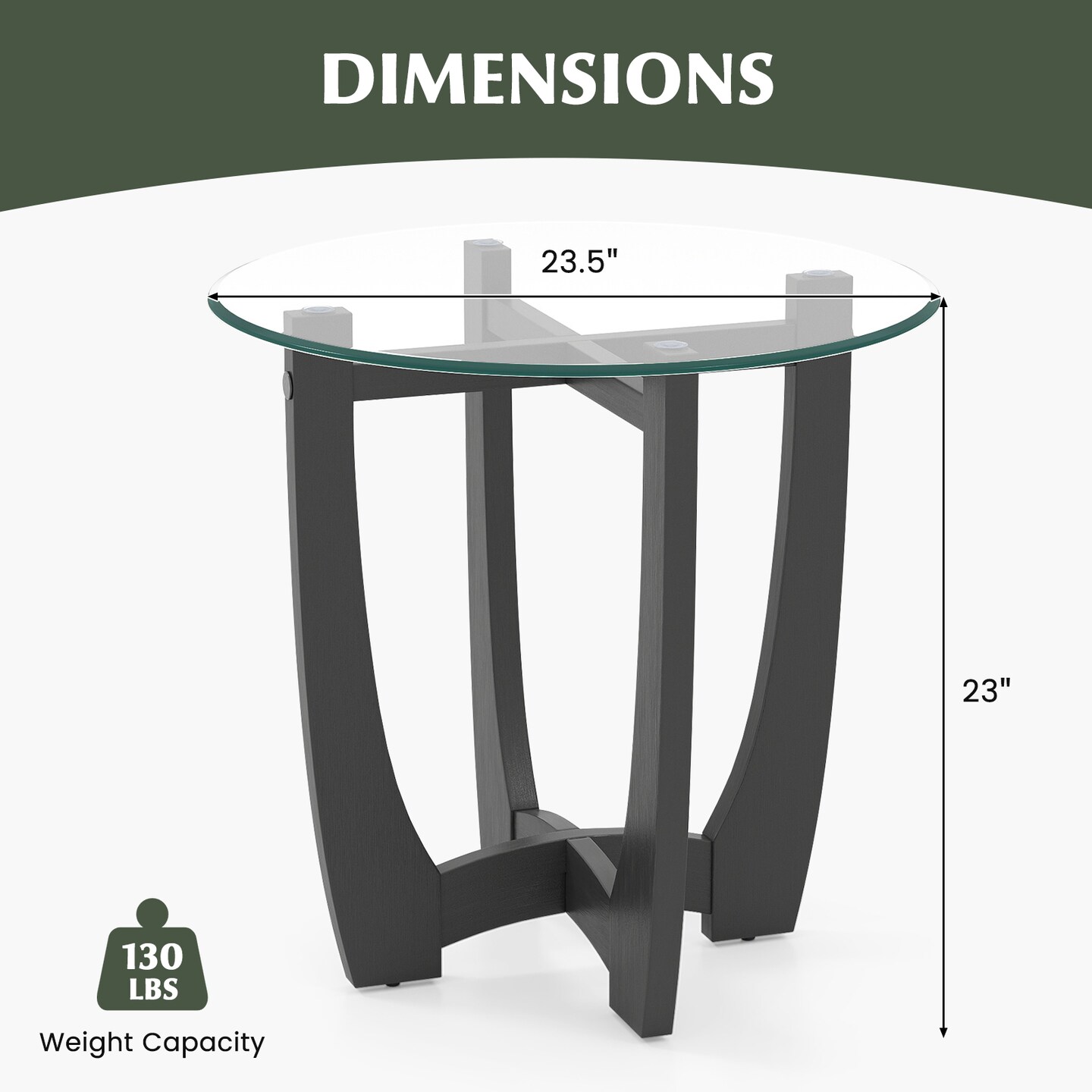 23.5 Inch Round End Side Table with Tempered Glass Tabletop for Living Room-Black