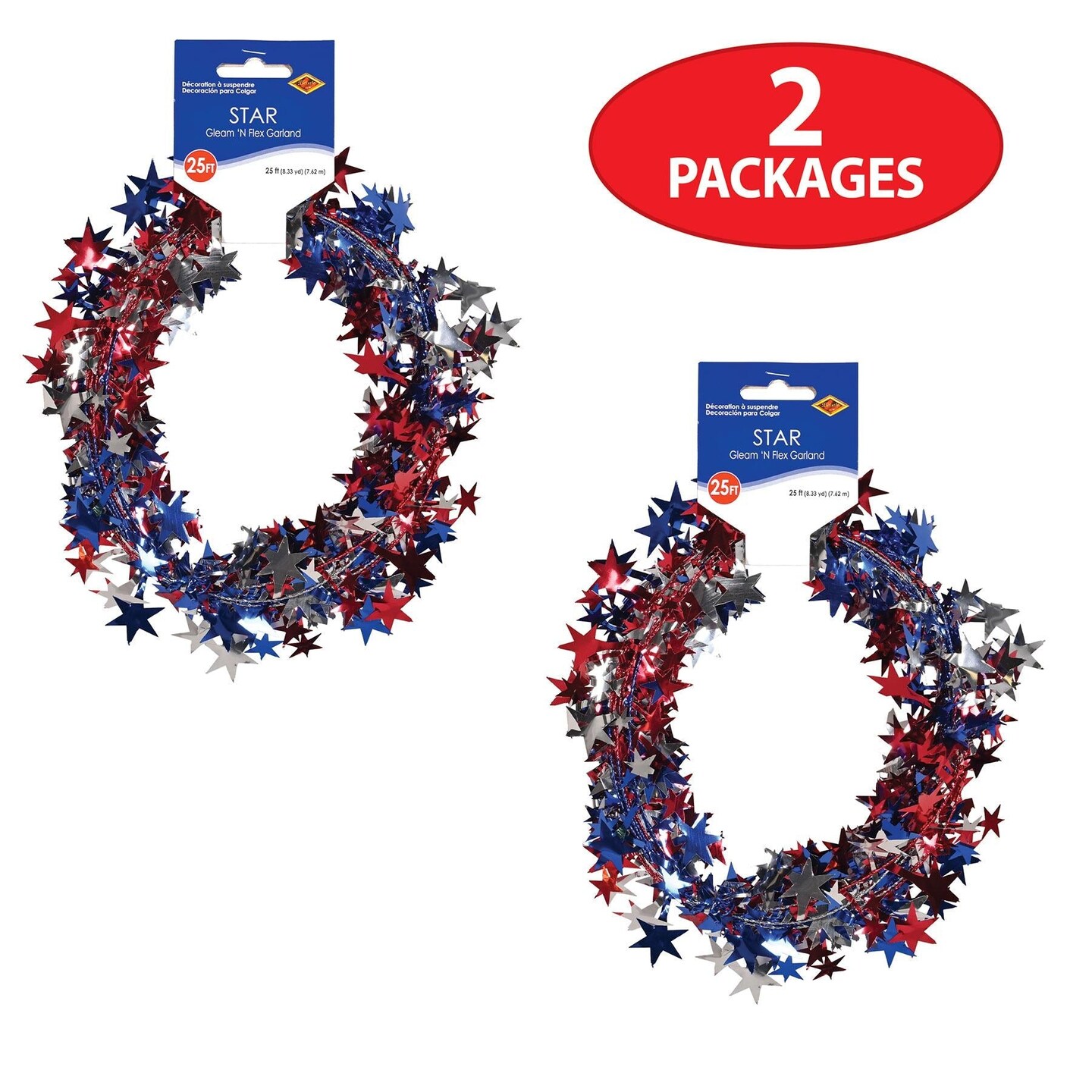 12 Pack Beistle Gleam &#x27;N Flex Star Party Garland - red - silver - blue - wire garland