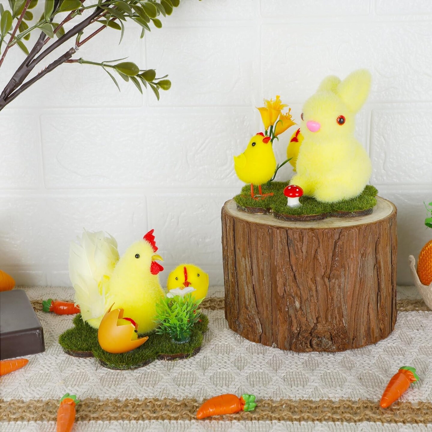 Easter Bunny & Chicken Table Decor, 2 Pcs Small Chicks and Rabbit Flocked Figurines with Artificial Flowers