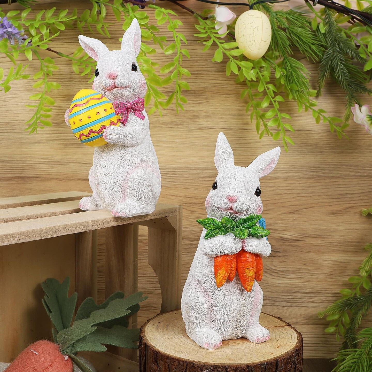 2 Pack Easter Bunny Figurine Decor, Standing Spring Resin White Rabbit Couple Statue Tabletop Ornament, Festival Present for Garden Home Table Office Dining Room Mantle Party Supplies