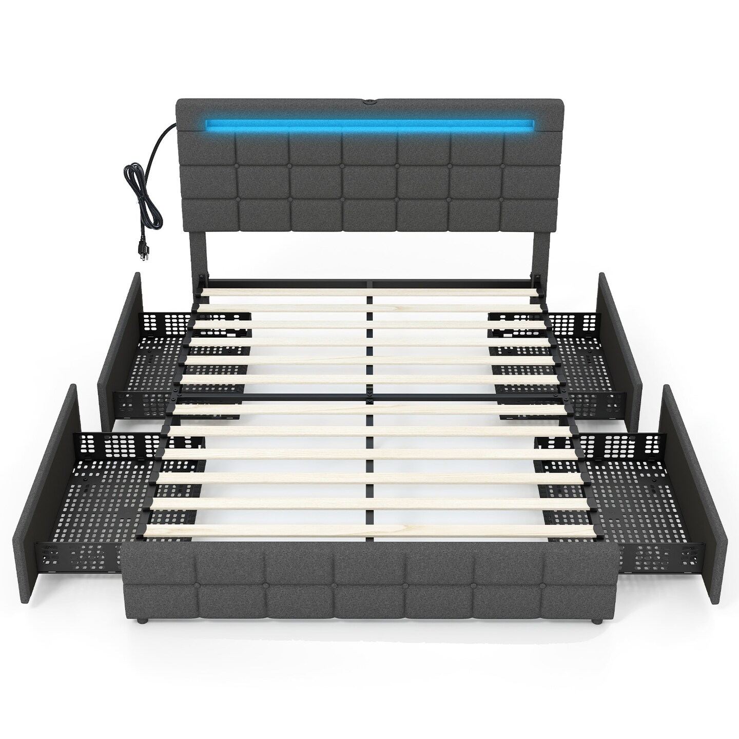 Grey Velvet Upholstered LED Bed Frame with Headboard and Storage Drawers